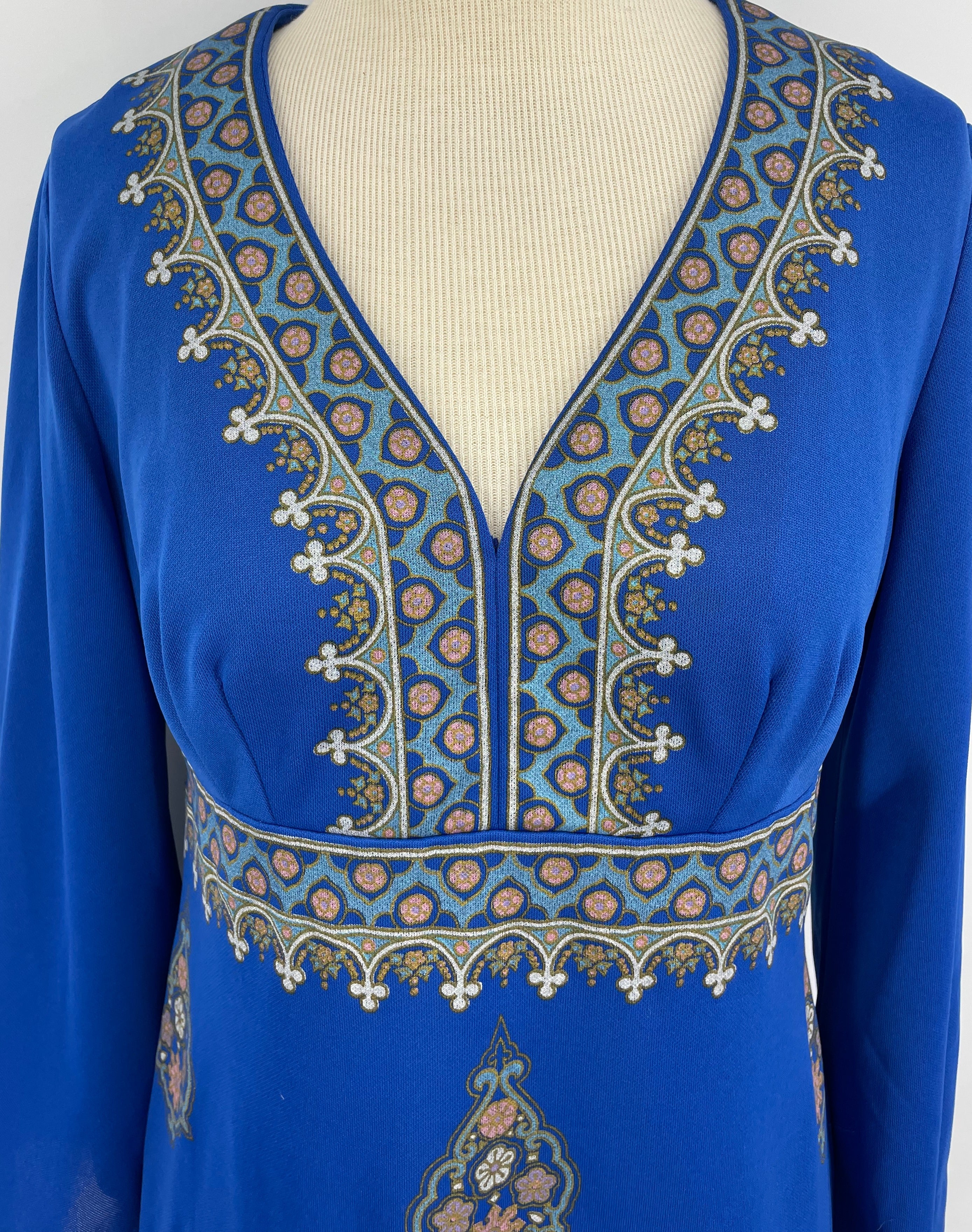 60s/70s Blue Polyester Long Sleeve Maxi Dress By Alfred Shaheen - Image 4