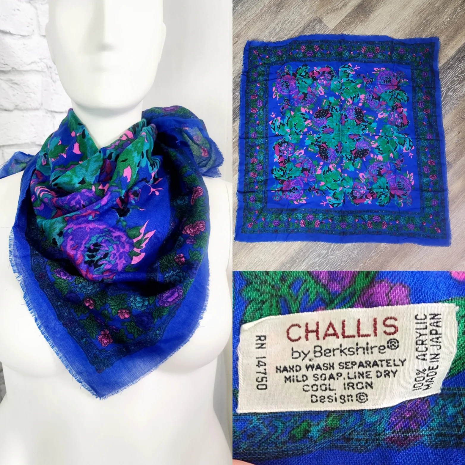 60s/70s Blue Purple Green Square Scarf 30x31 - Image 4