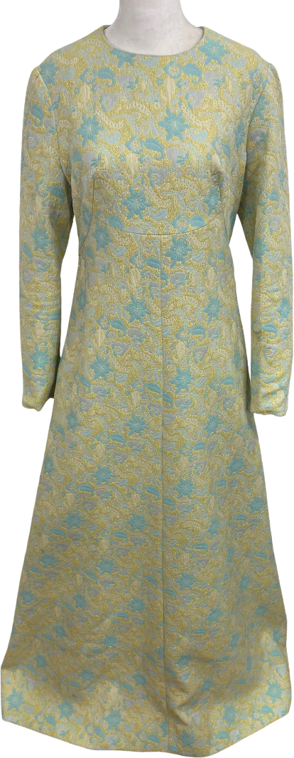 60s/70s Blue Yellow Green Metallic Lurex Floral Maxi Dress
