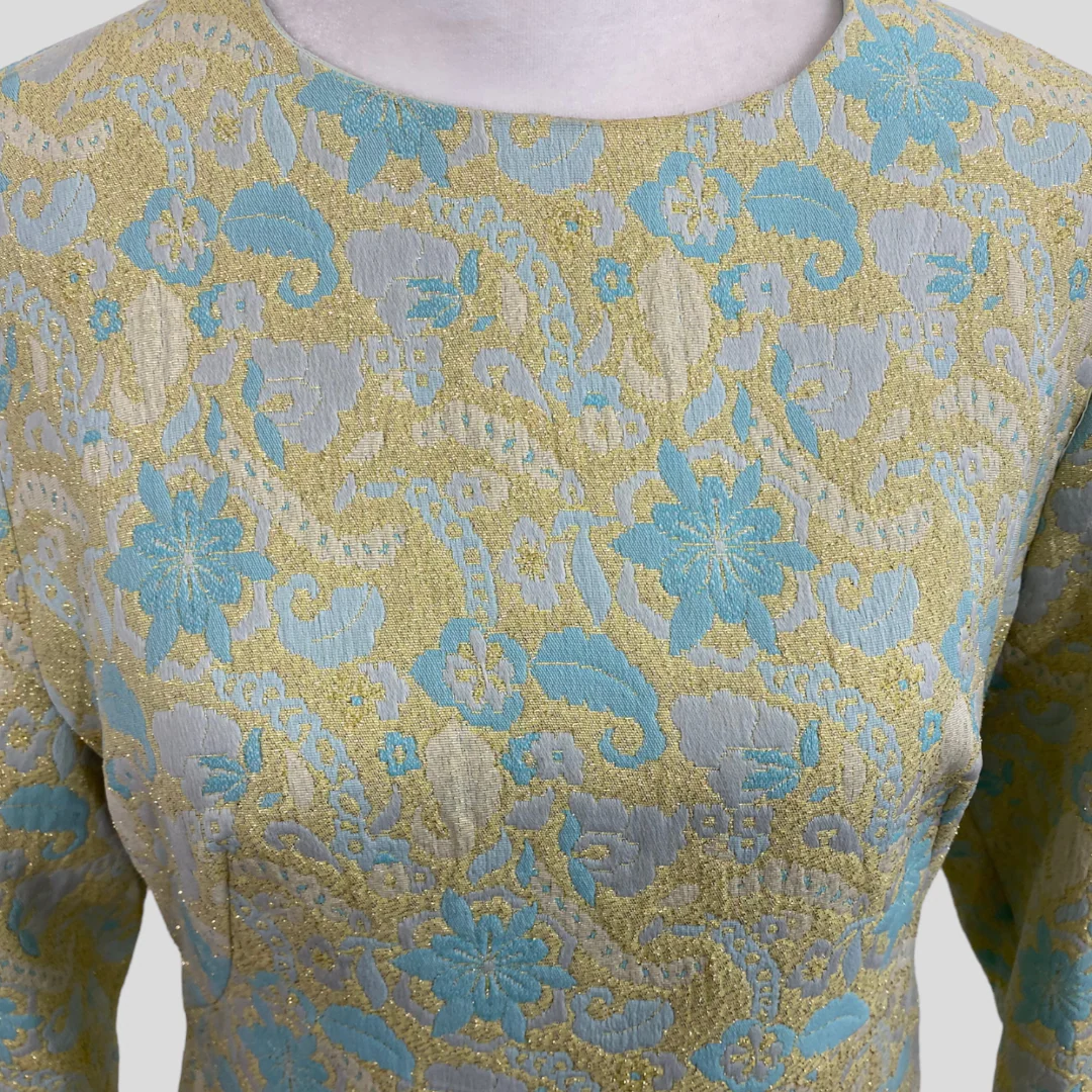 60s/70s Blue Yellow Green Metallic Lurex Floral Maxi Dress - Image 3