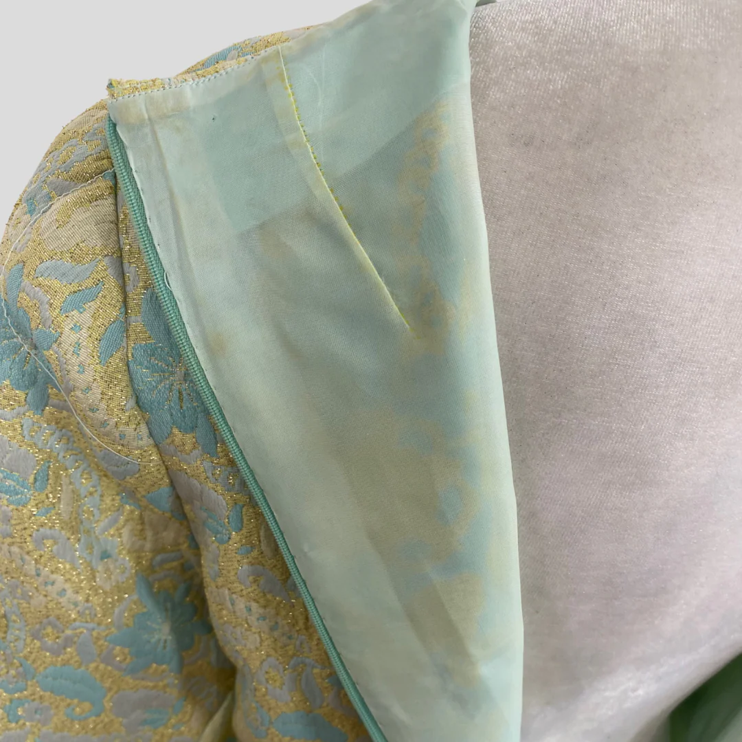 60s/70s Blue Yellow Green Metallic Lurex Floral Maxi Dress - Image 6