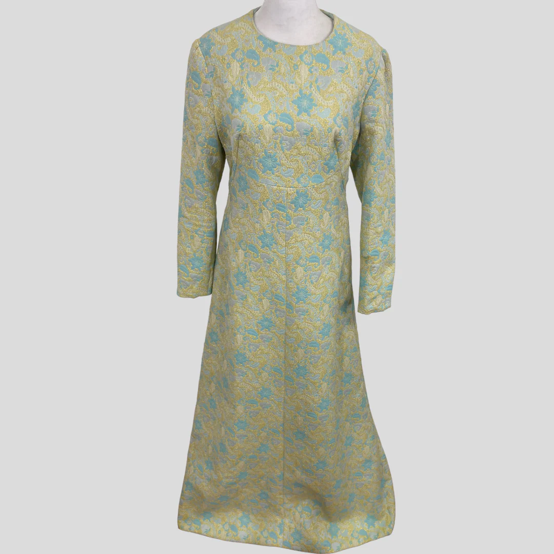 60s/70s Blue Yellow Green Metallic Lurex Floral Maxi Dress - Image 8