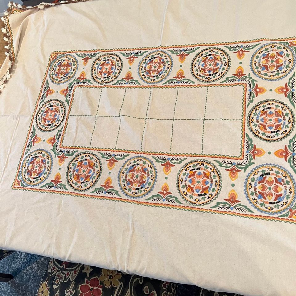 60s/70s Boho Embroidered Fringed Tablecloth 62 X 48 - Image 3