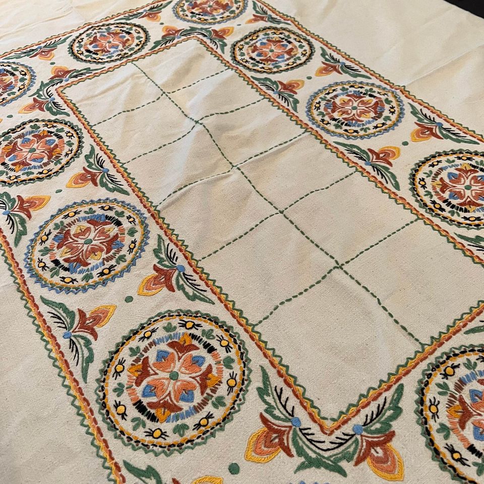 60s/70s Boho Embroidered Fringed Tablecloth 62 X 48 - Image 5