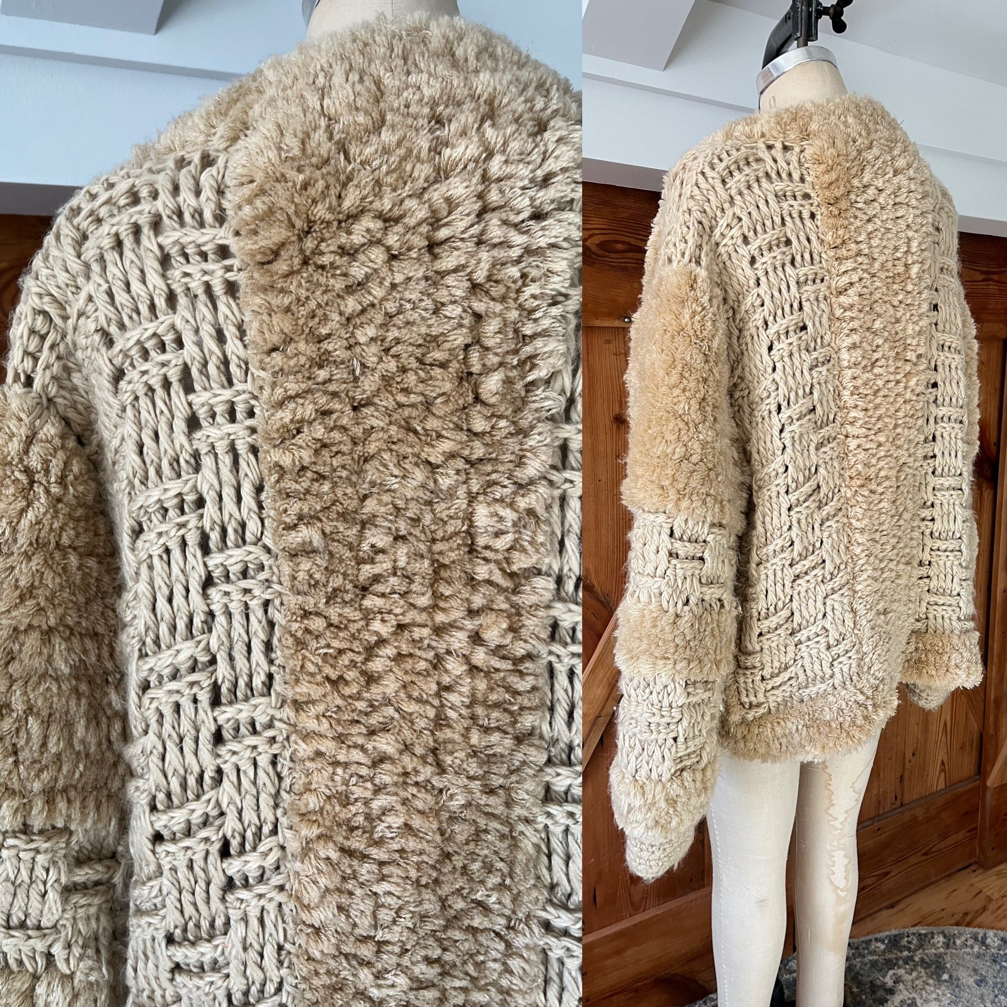 60s/70s Boho Shaggy Beige Sweater Jacket Woven Textured - Image 4