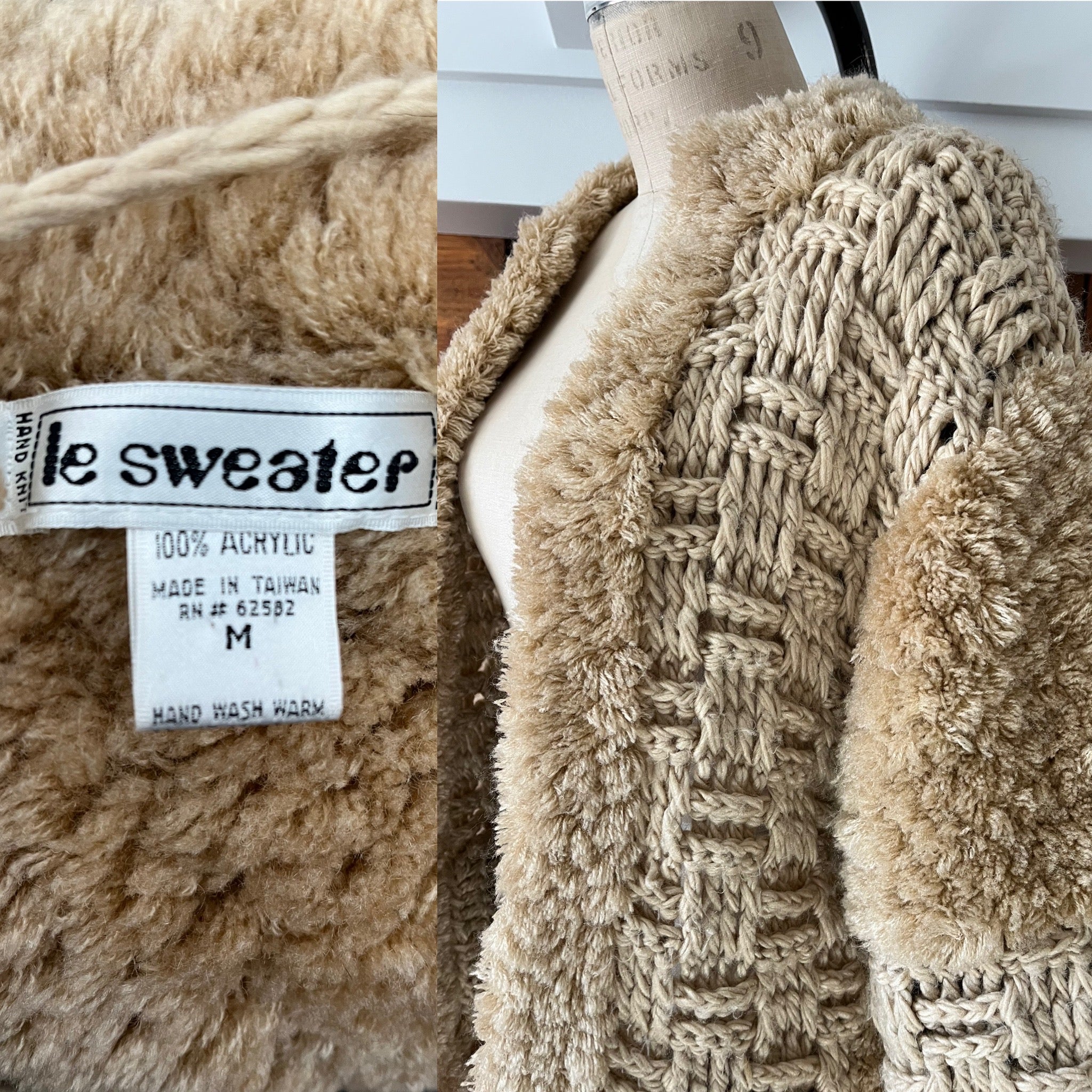 60s/70s Boho Shaggy Beige Sweater Jacket Woven Textured - Image 5