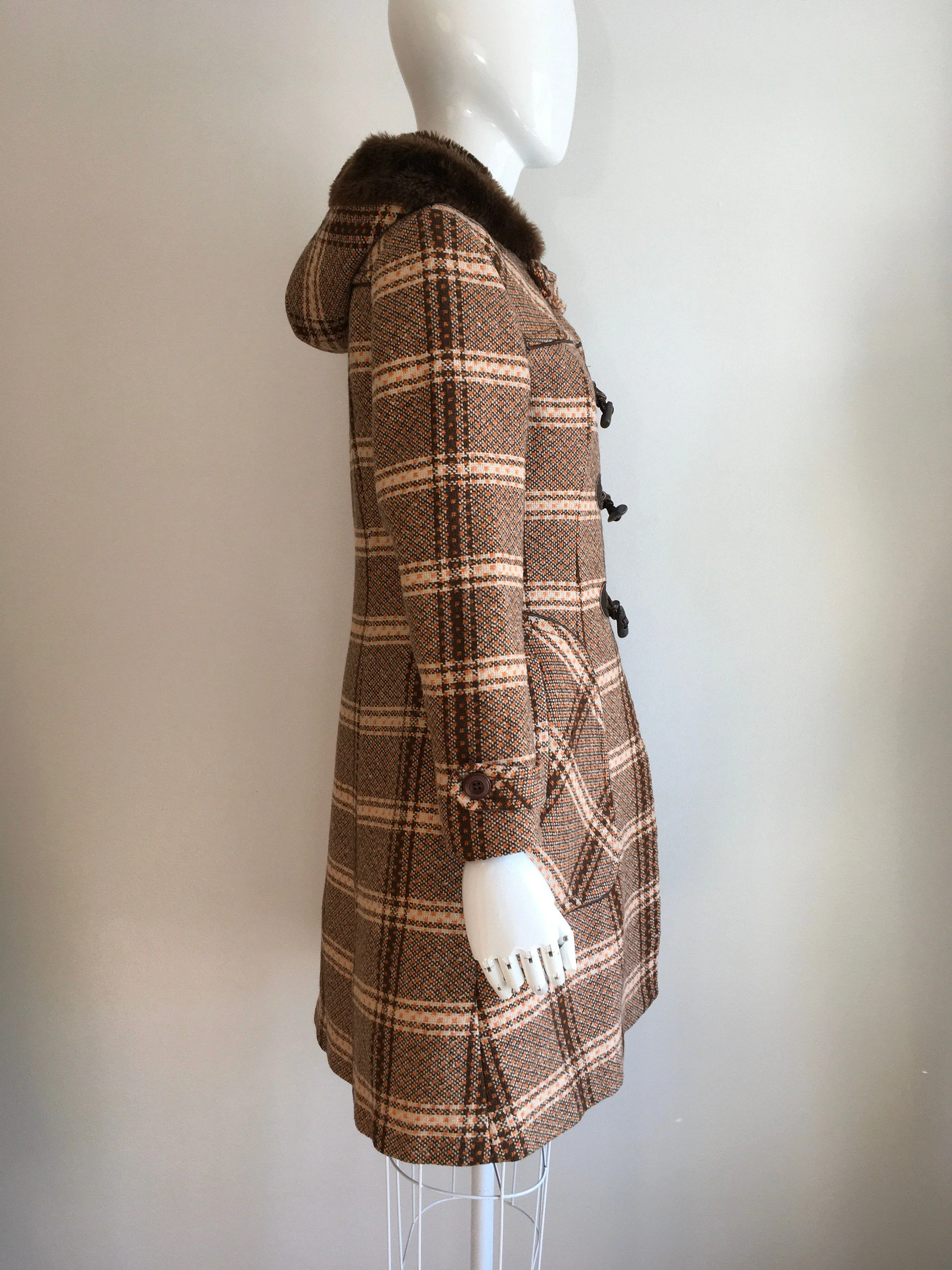 60's/70's Brown Plaid Hooded Princess Duffle Coat by Caroline - Image 3