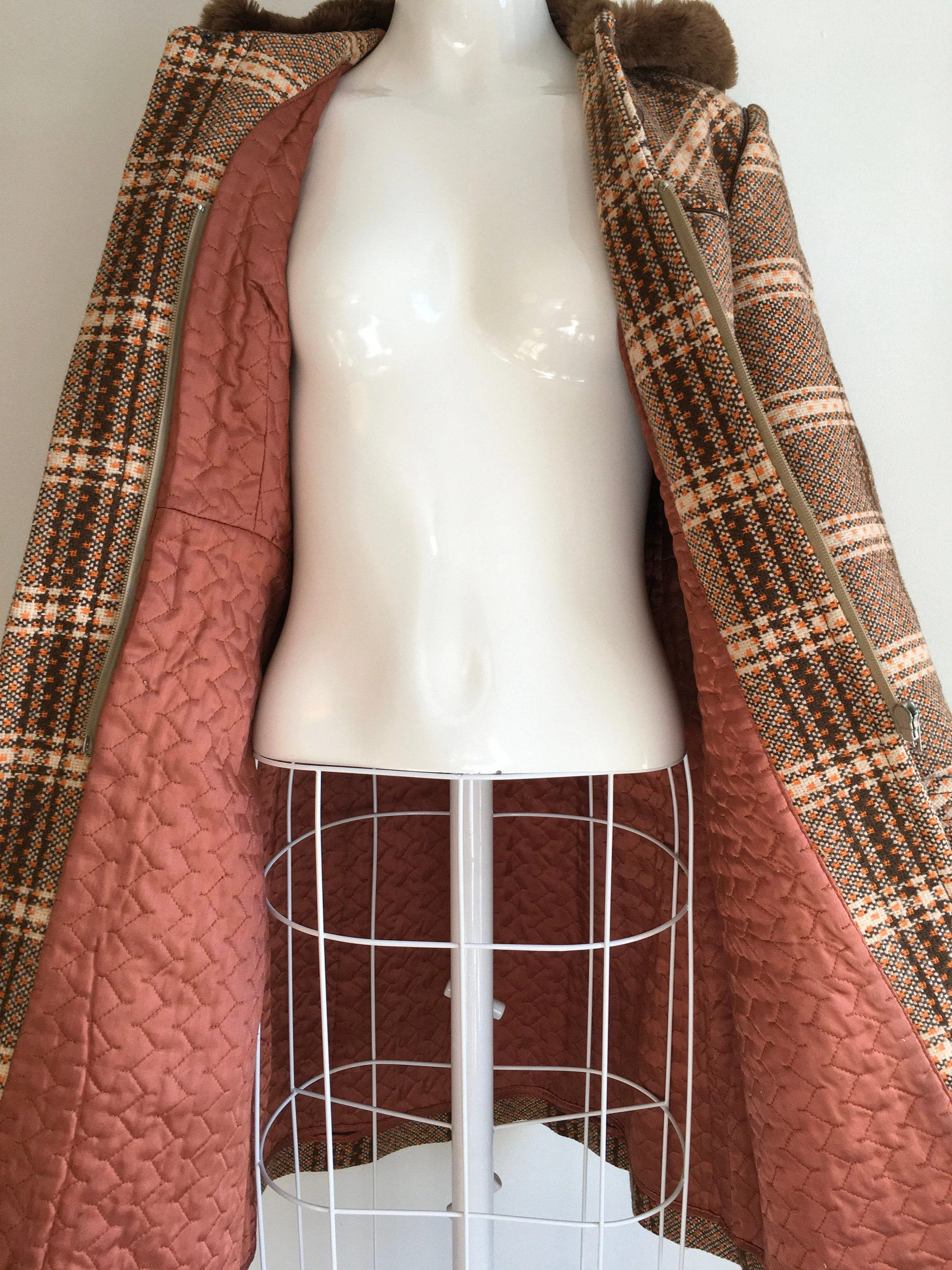 60's/70's Brown Plaid Hooded Princess Duffle Coat by Caroline - Image 4