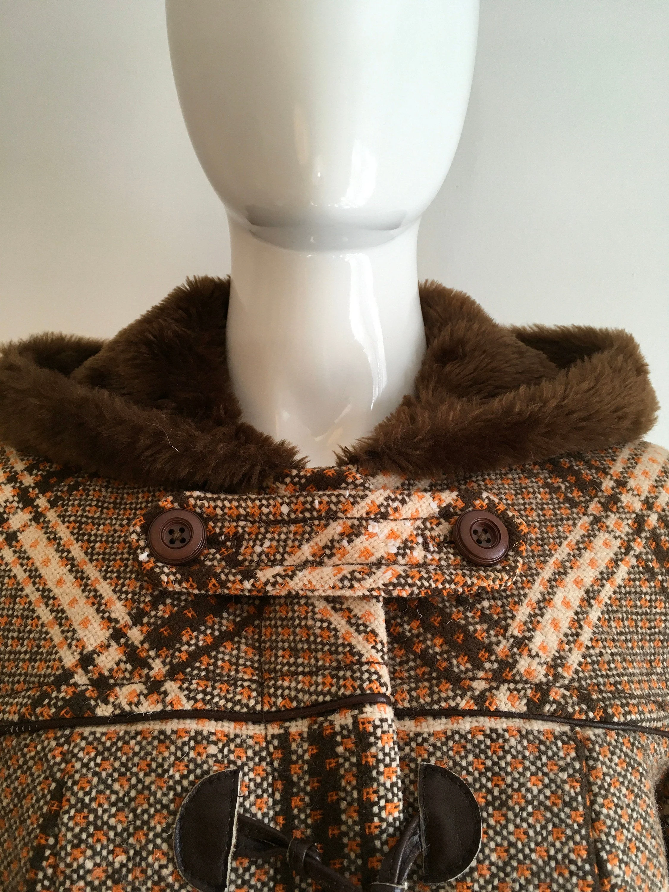 60's/70's Brown Plaid Hooded Princess Duffle Coat by Caroline - Image 5