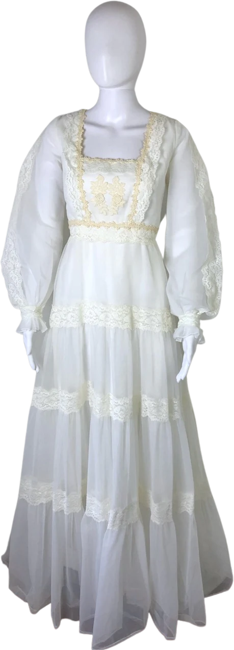 60s/70s Chiffon And Lace Prairie-style Dress