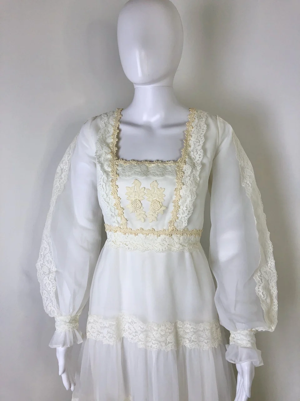 60s/70s Chiffon And Lace Prairie-style Dress - Image 3