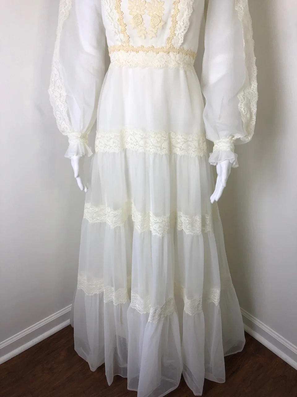 60s/70s Chiffon And Lace Prairie-style Dress - Image 4