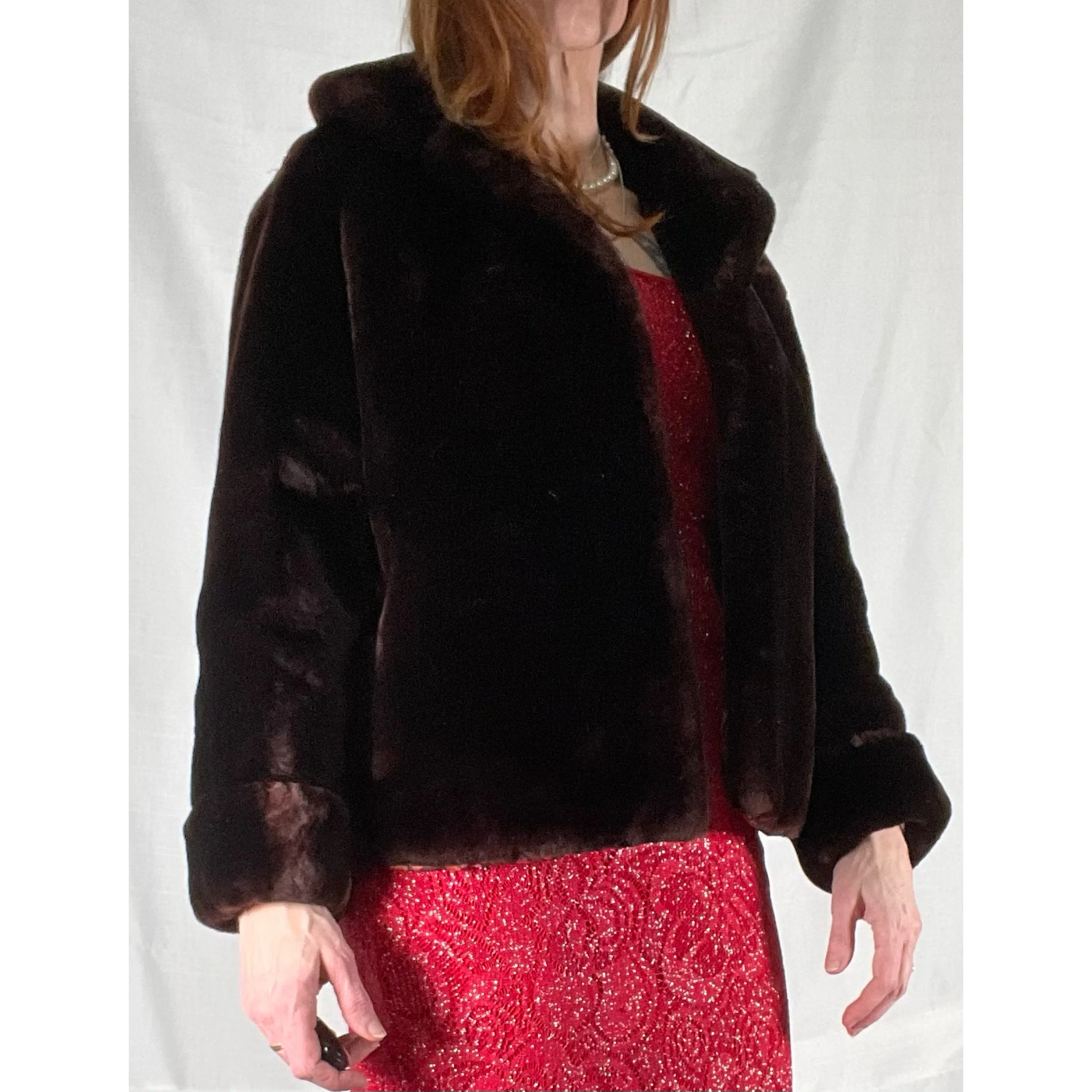 60s/70s Chocolate Brown Cropped Open Faux Fur Coat - Image 3