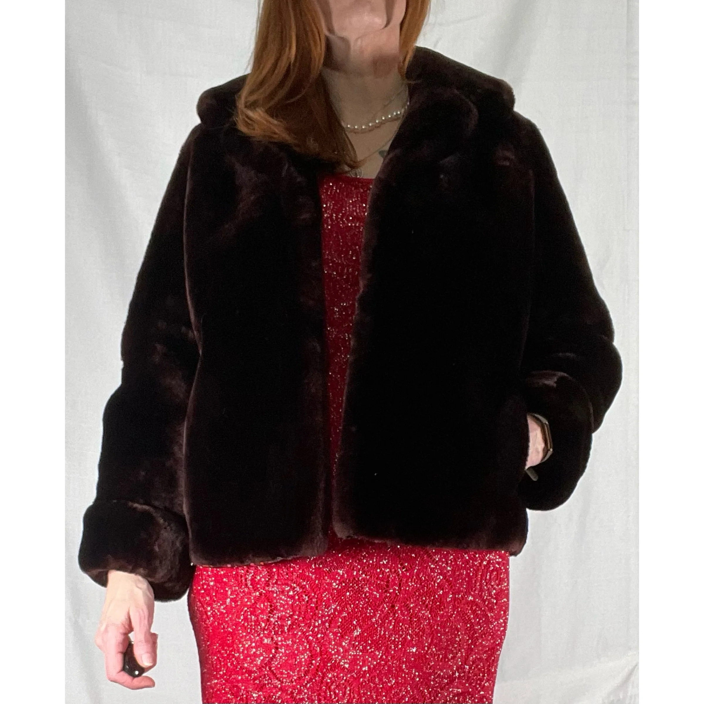 60s/70s Chocolate Brown Cropped Open Faux Fur Coat - Image 4