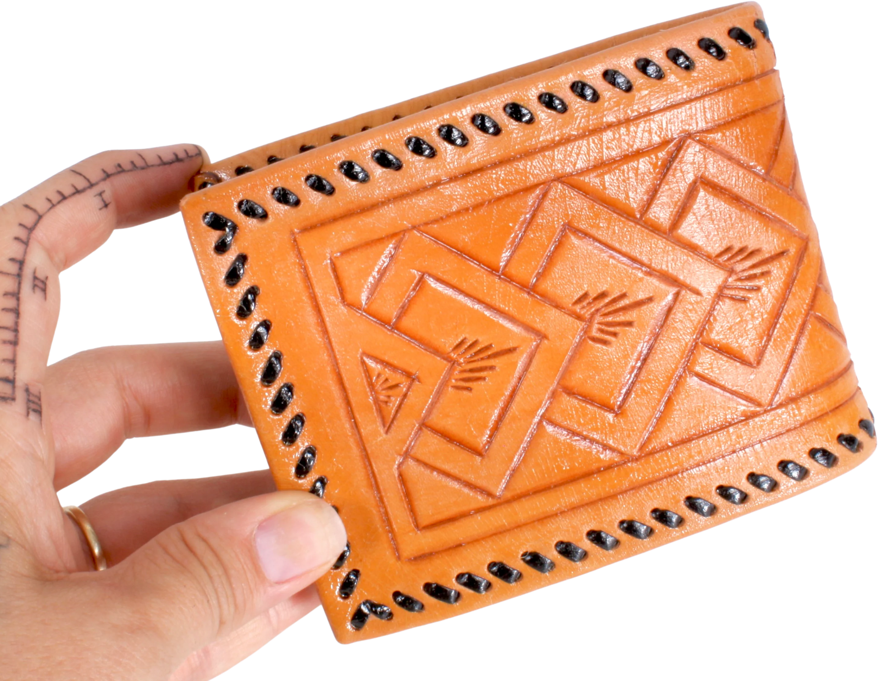 60s/70s Cognac Brown Tooled Leather Wallet Billfold By Di Lido - Image 2