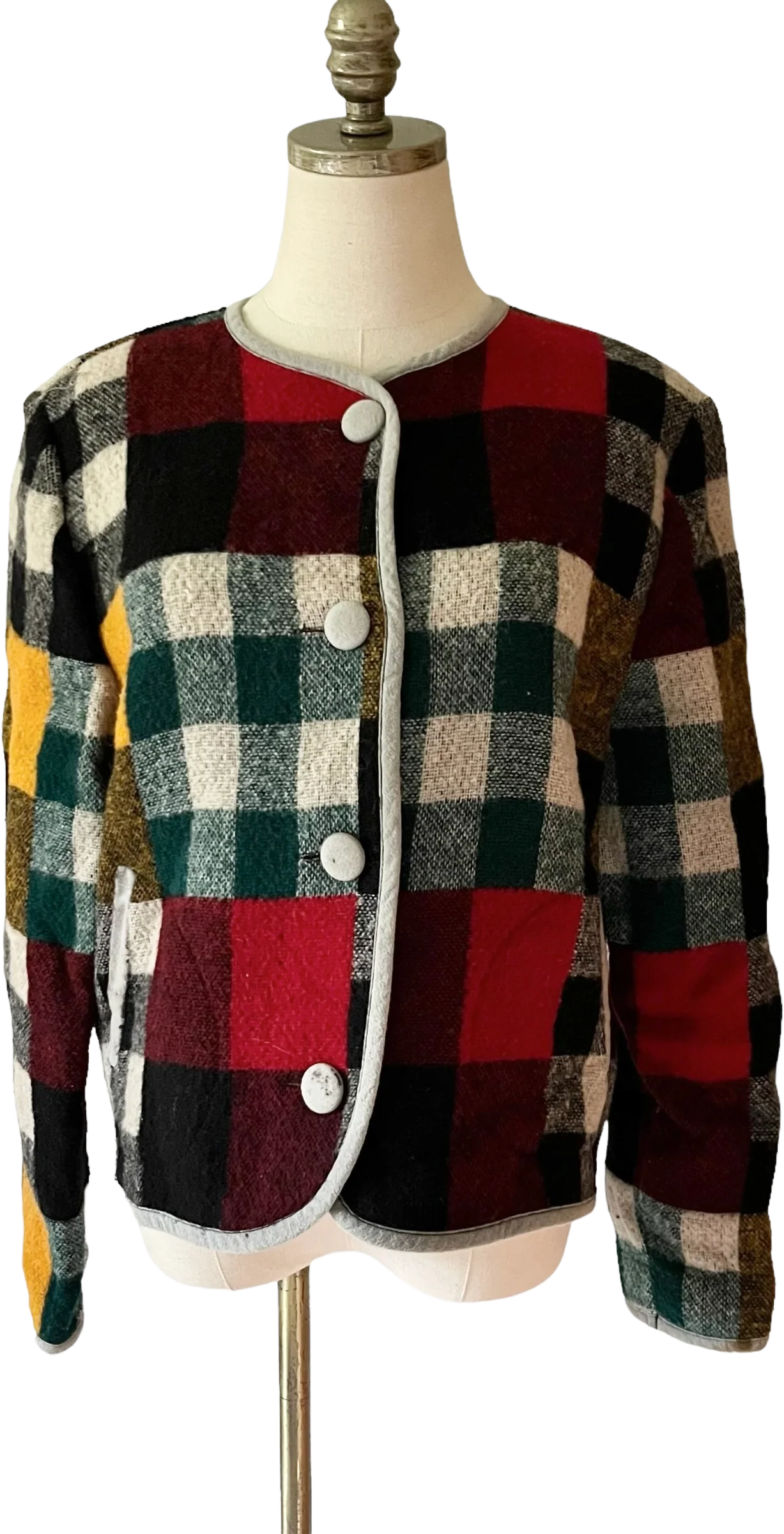60s/70s Colorblock Plaid Wool Button Cardigan By Doncaster