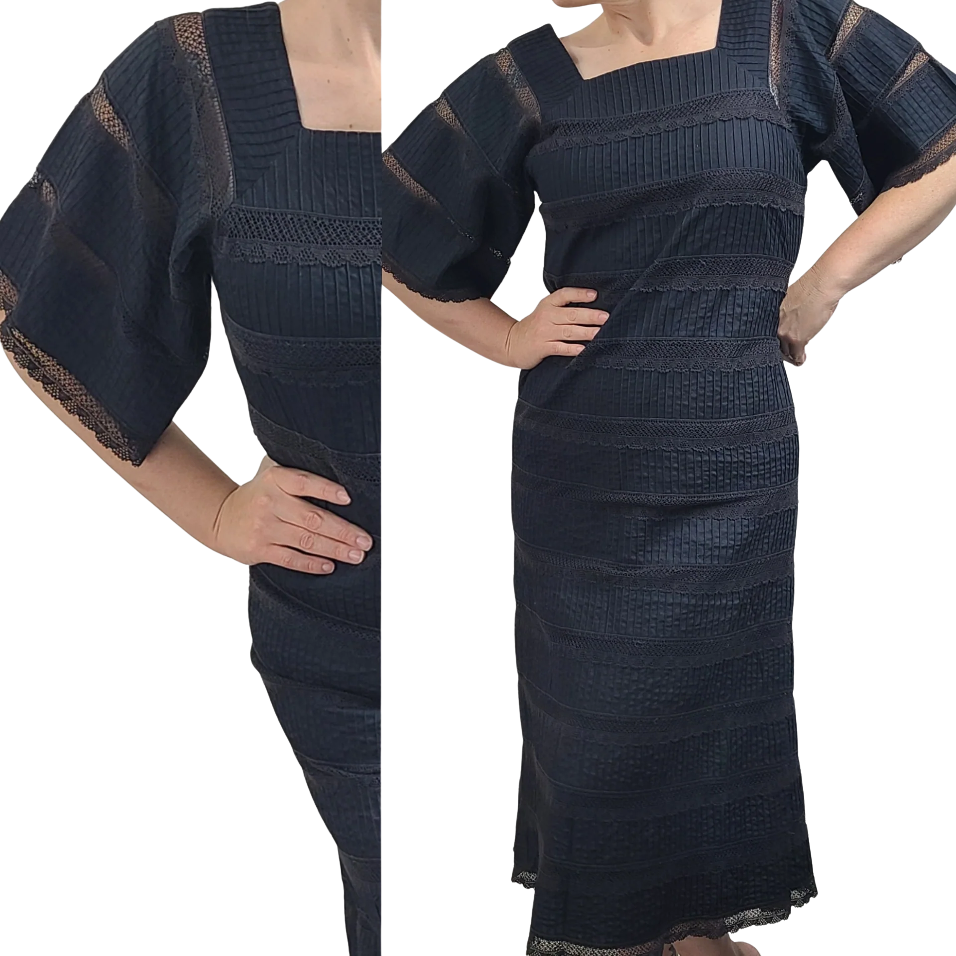 60s/70s Curvy Vintage Bell Sleeve Pintuck Dress by Xihuatl