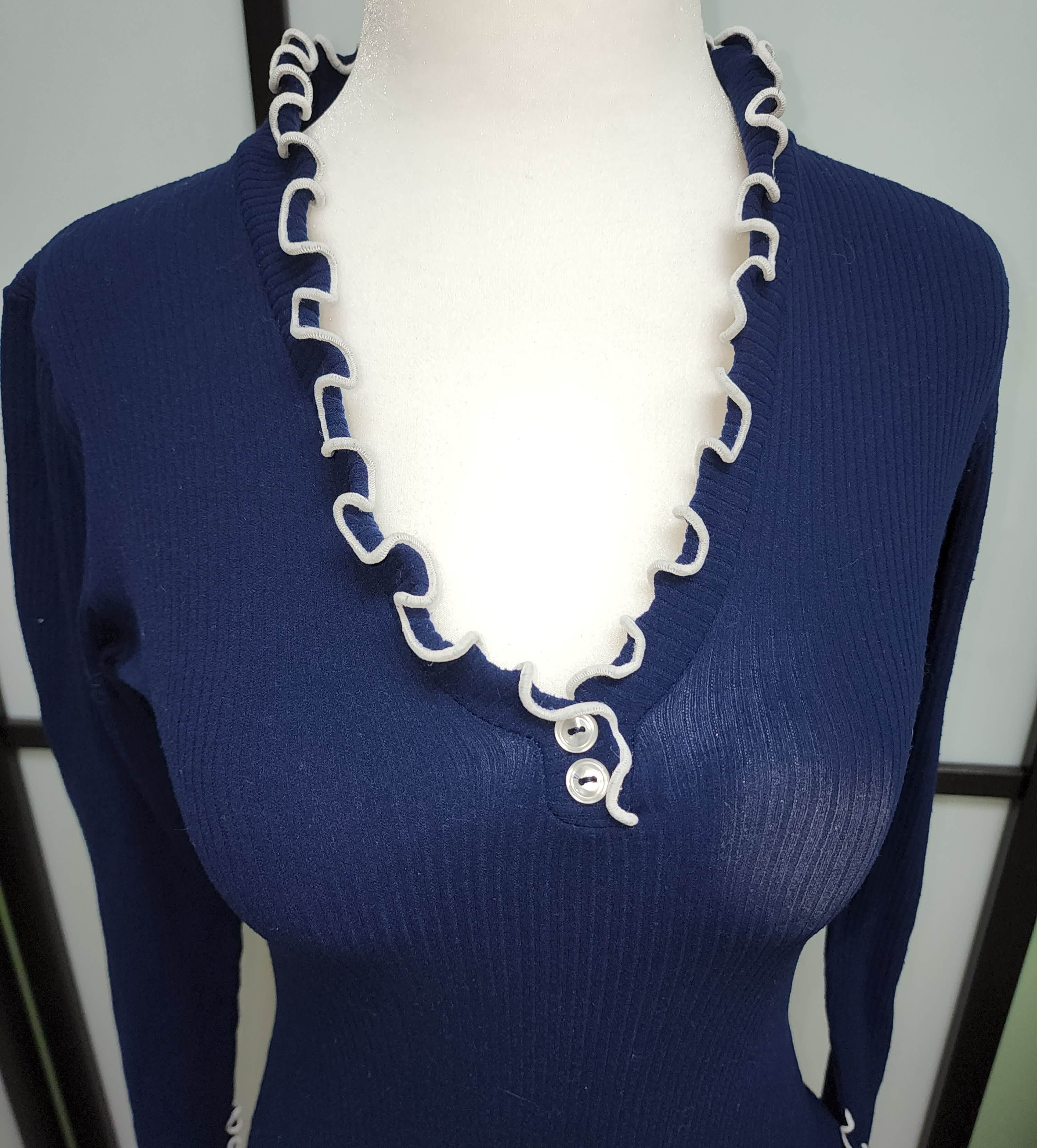 60s/70s Dark Blue Polyester Bodysuit White Piping Snaps - Image 3