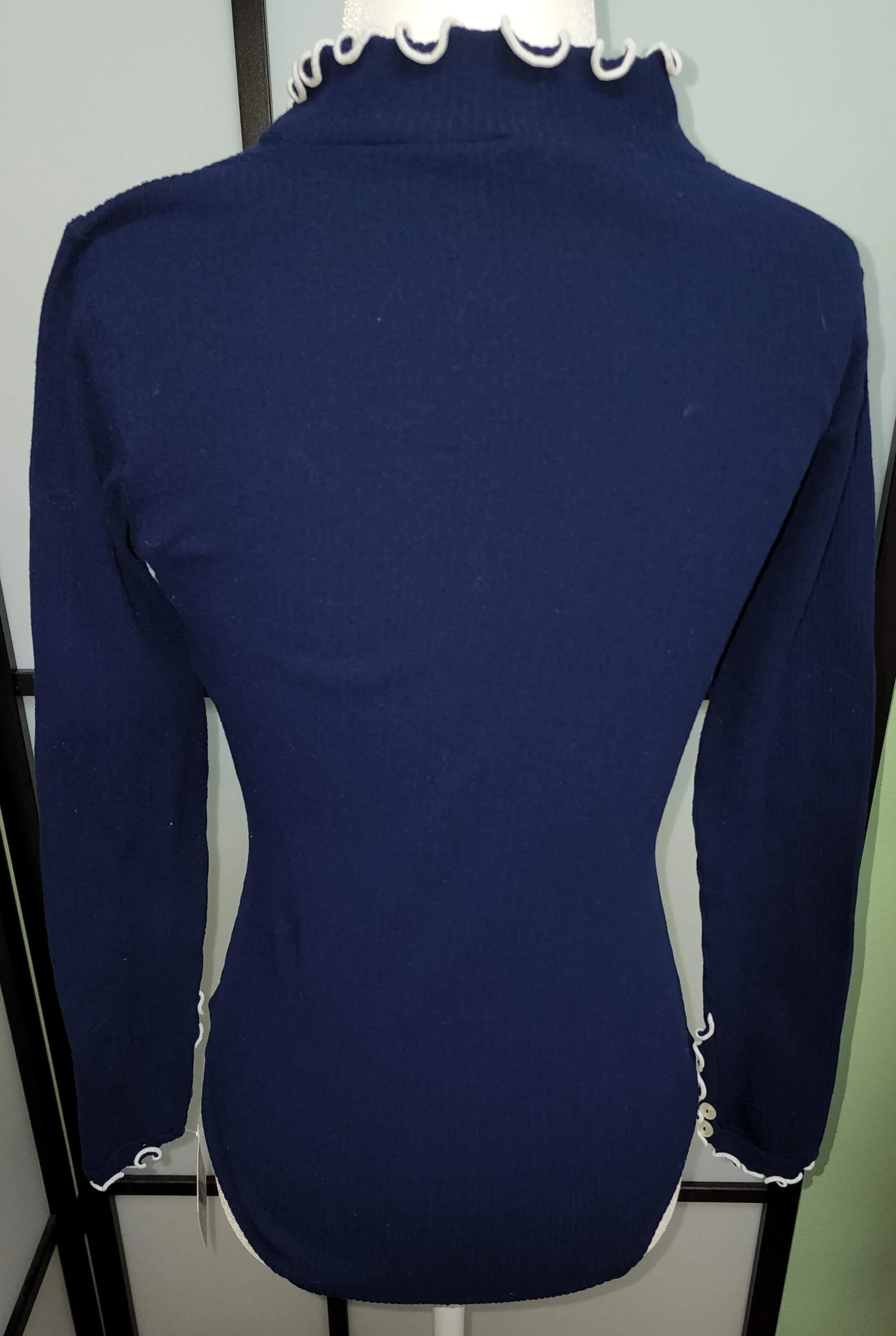 60s/70s Dark Blue Polyester Bodysuit White Piping Snaps - Image 6