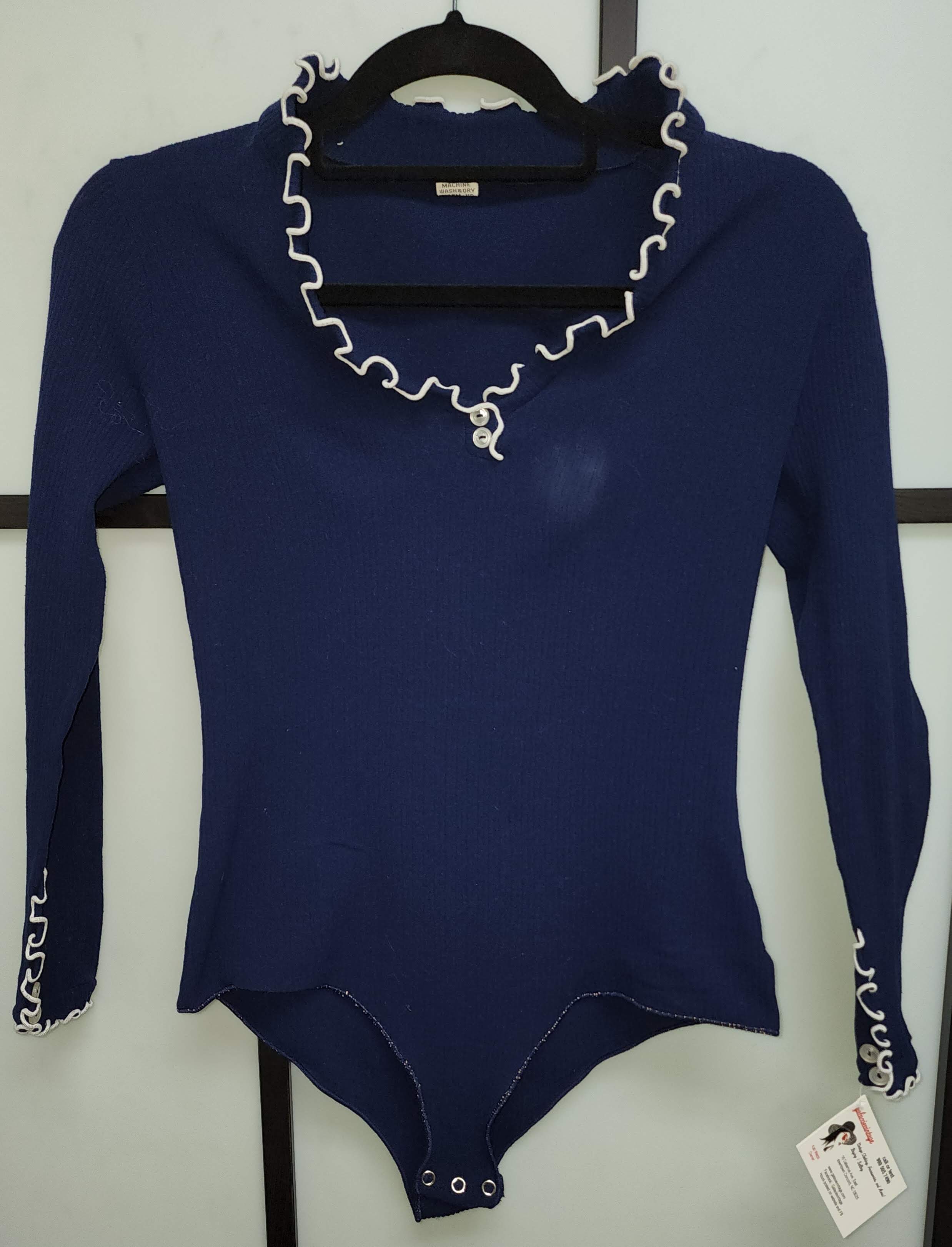 60s/70s Dark Blue Polyester Bodysuit White Piping Snaps - Image 7
