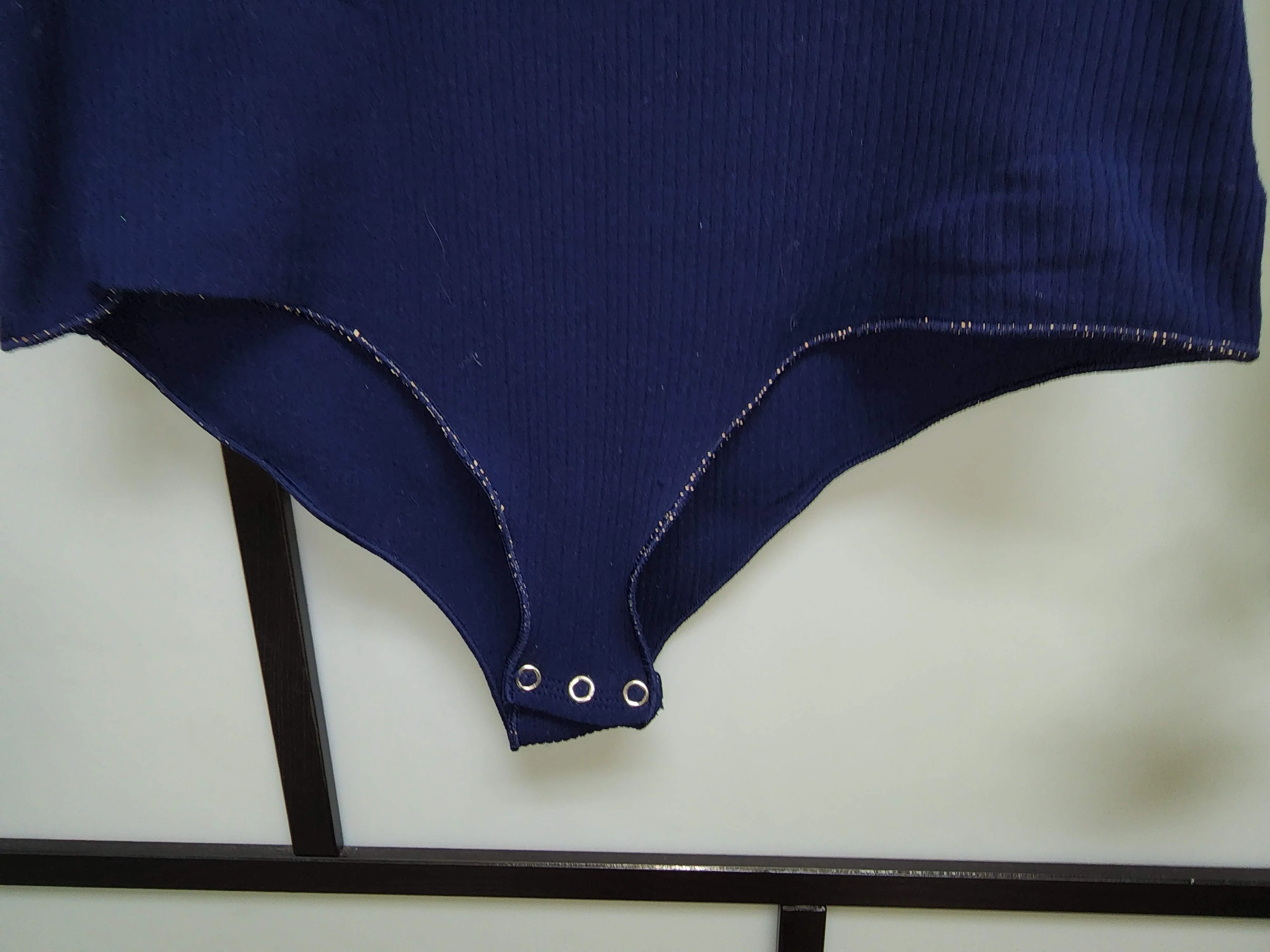 60s/70s Dark Blue Polyester Bodysuit White Piping Snaps - Image 9