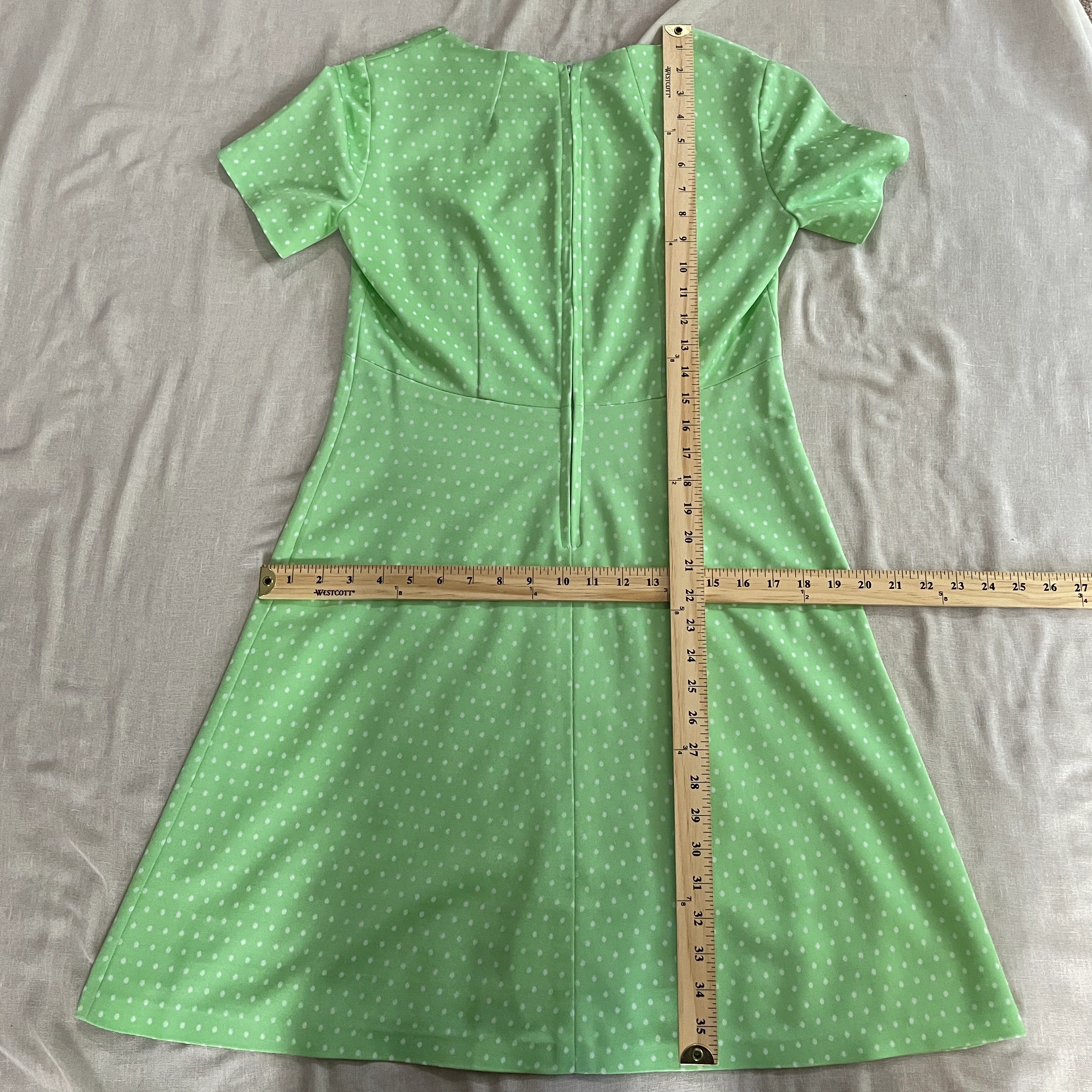 60s/70s Dress Small Green White Polka Dot A-line Circle - Image 13