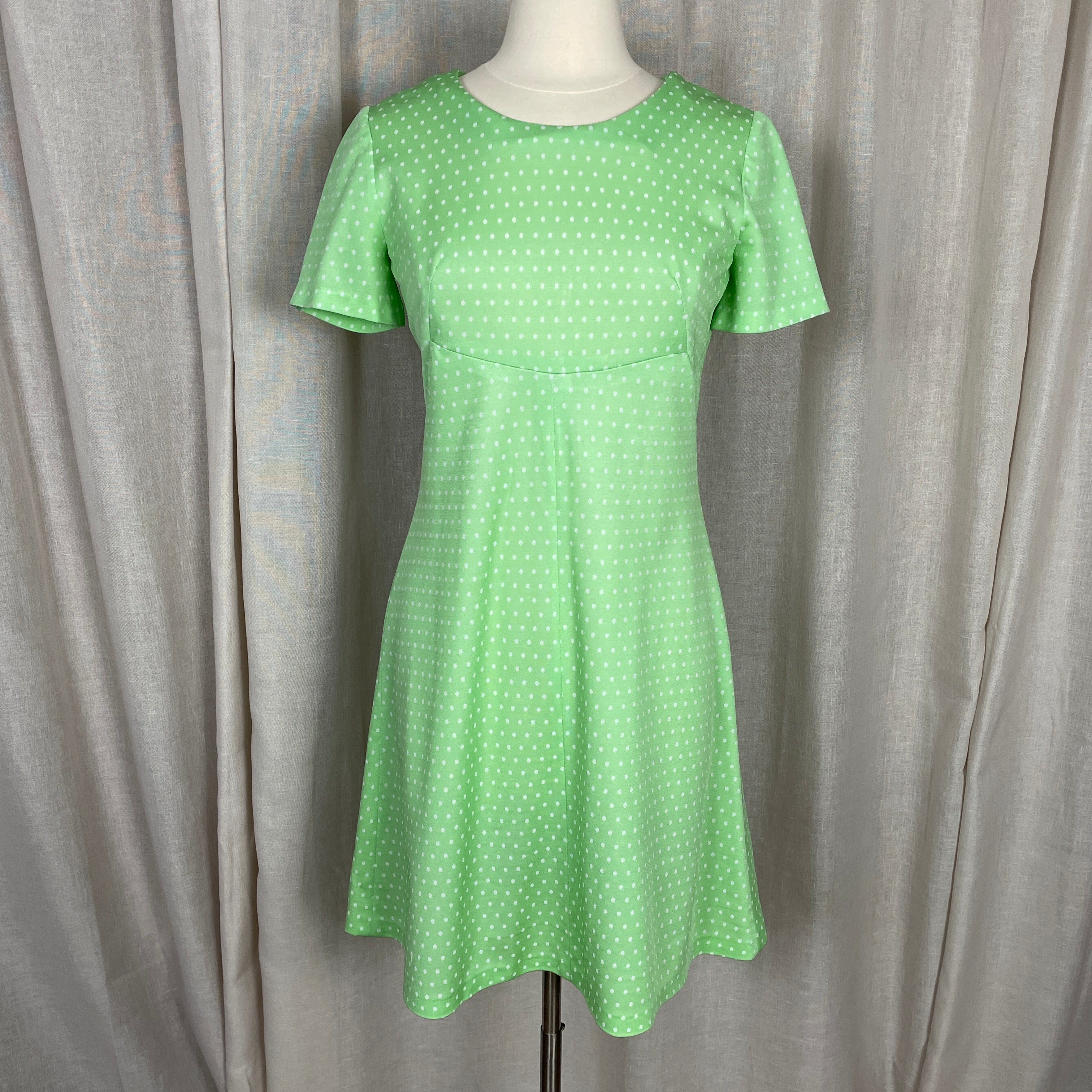 60s/70s Dress Small Green White Polka Dot A-line Circle - Image 3
