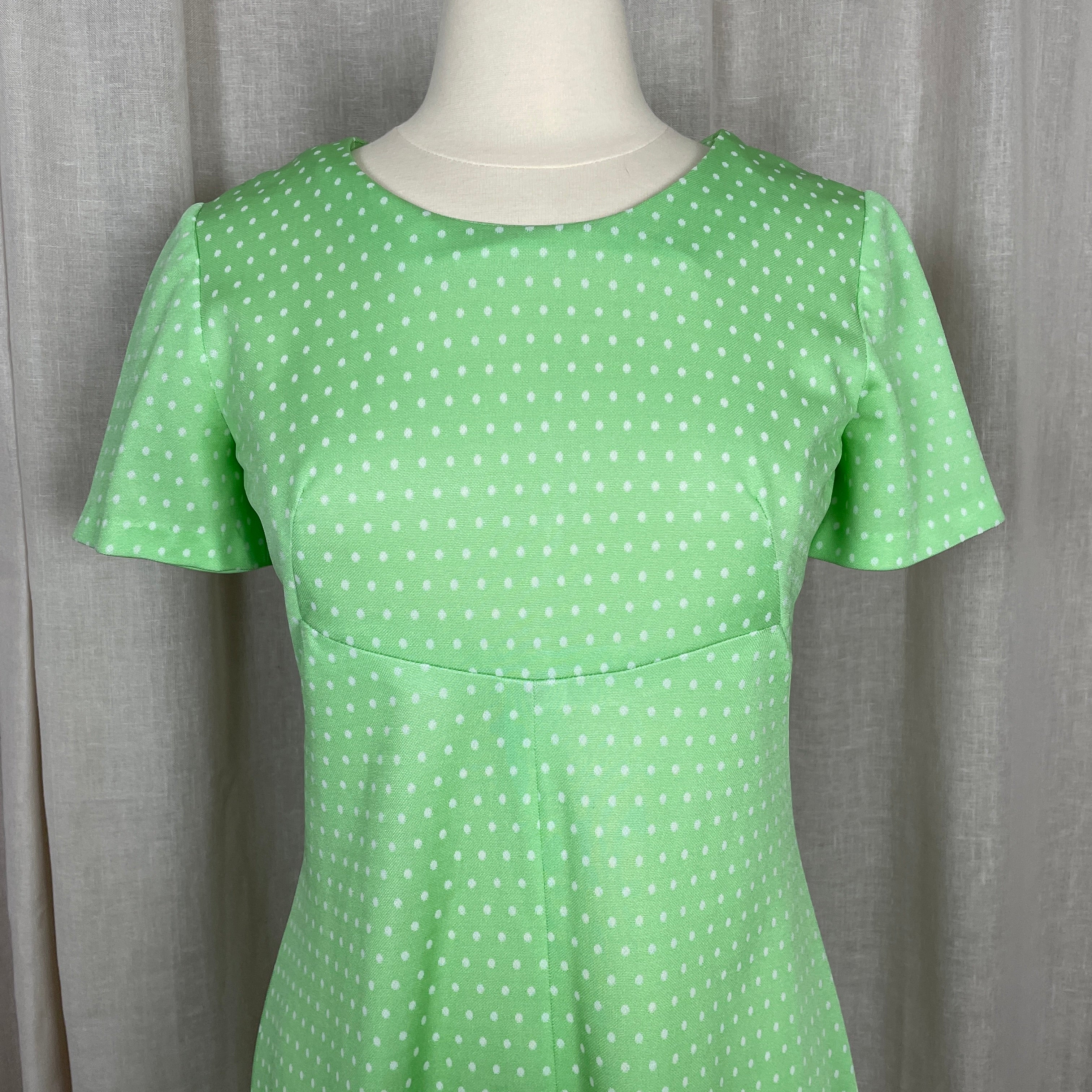 60s/70s Dress Small Green White Polka Dot A-line Circle - Image 4