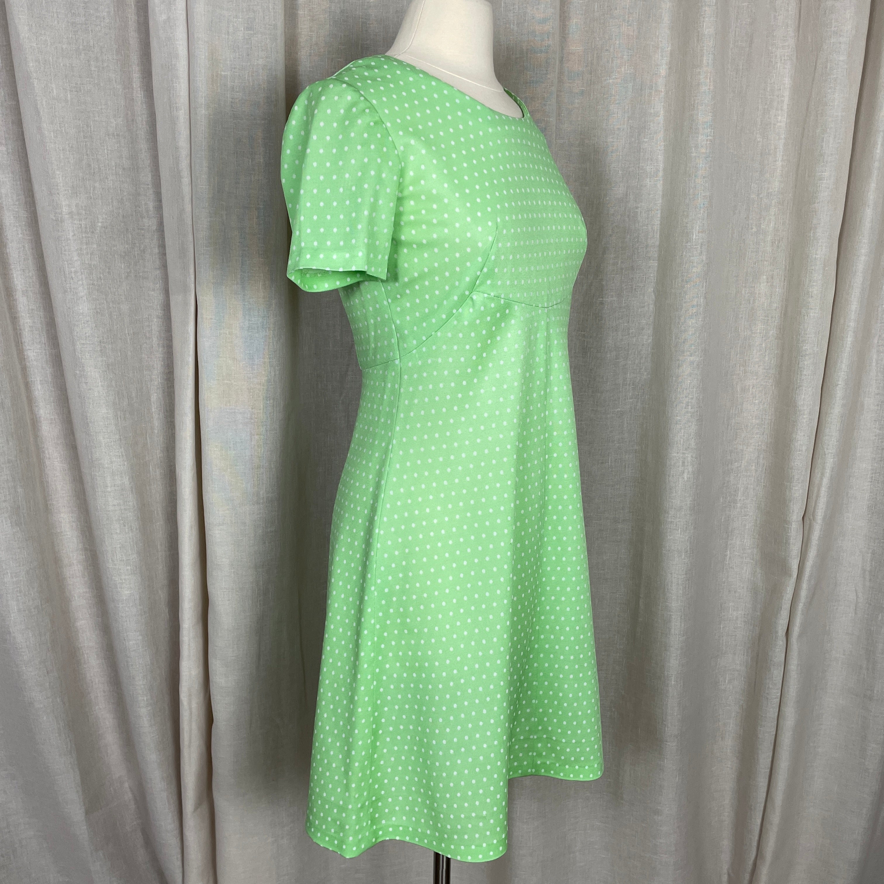 60s/70s Dress Small Green White Polka Dot A-line Circle - Image 6