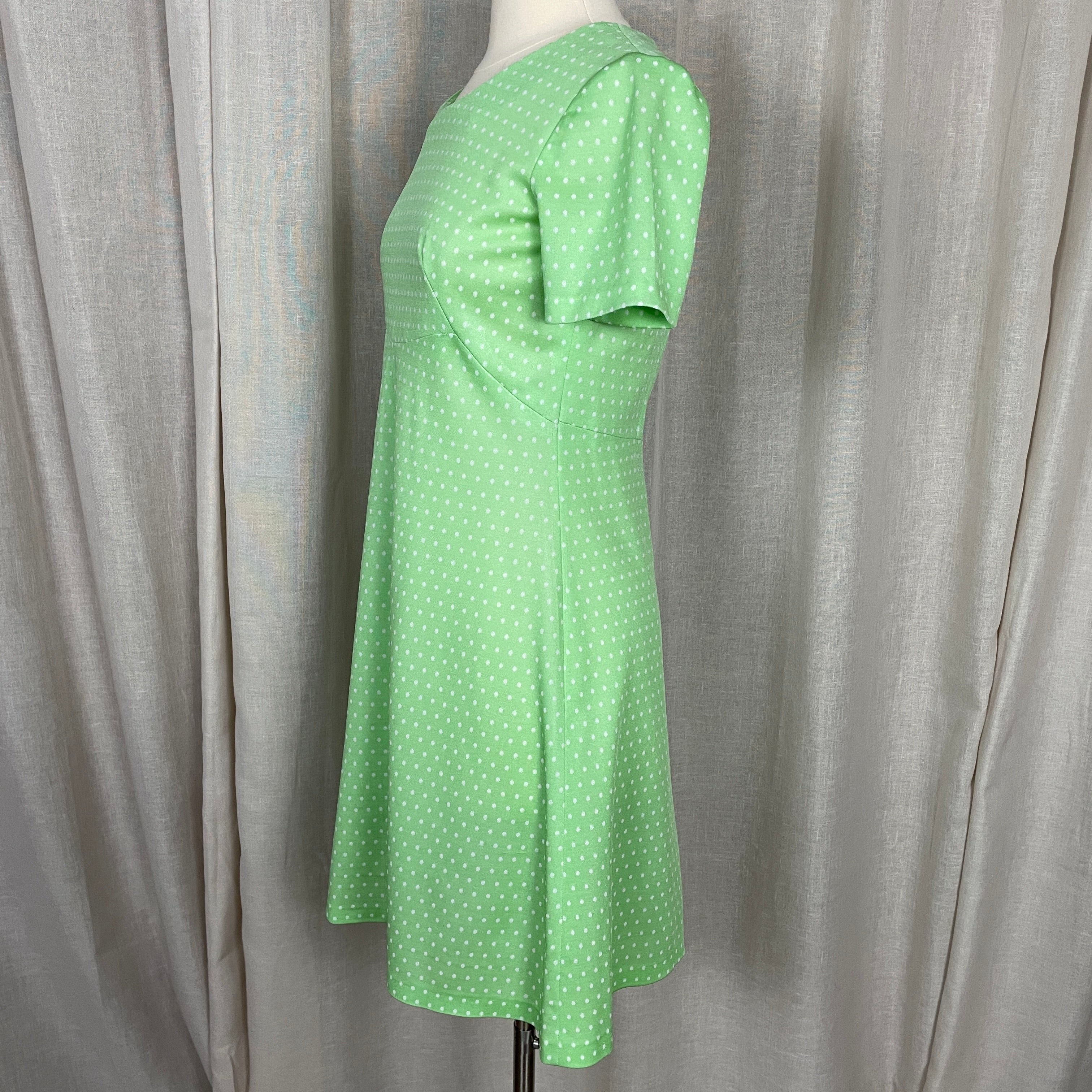 60s/70s Dress Small Green White Polka Dot A-line Circle - Image 7