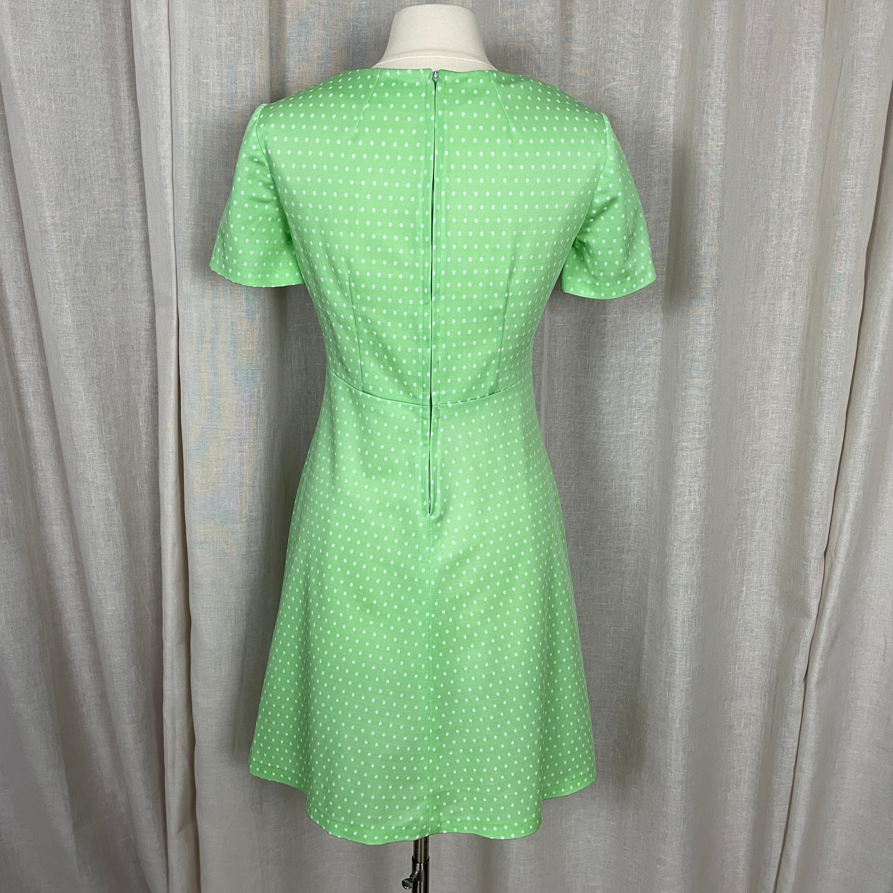 60s/70s Dress Small Green White Polka Dot A-line Circle - Image 8
