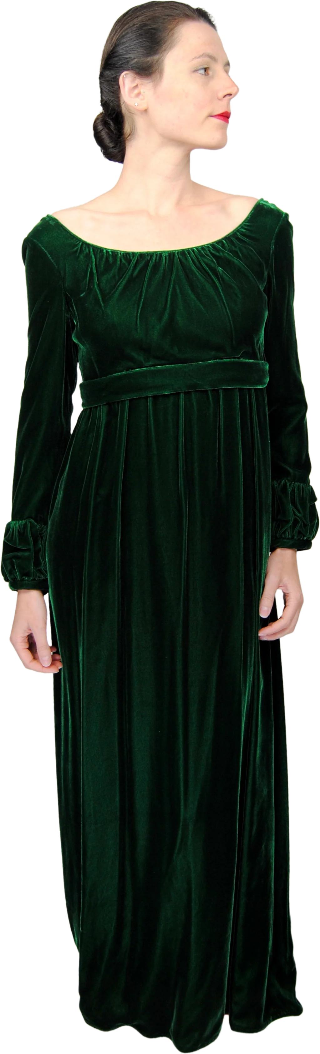 60s/70s Emerald Green Velvet Empire Waist Gown By Lorrie Deb