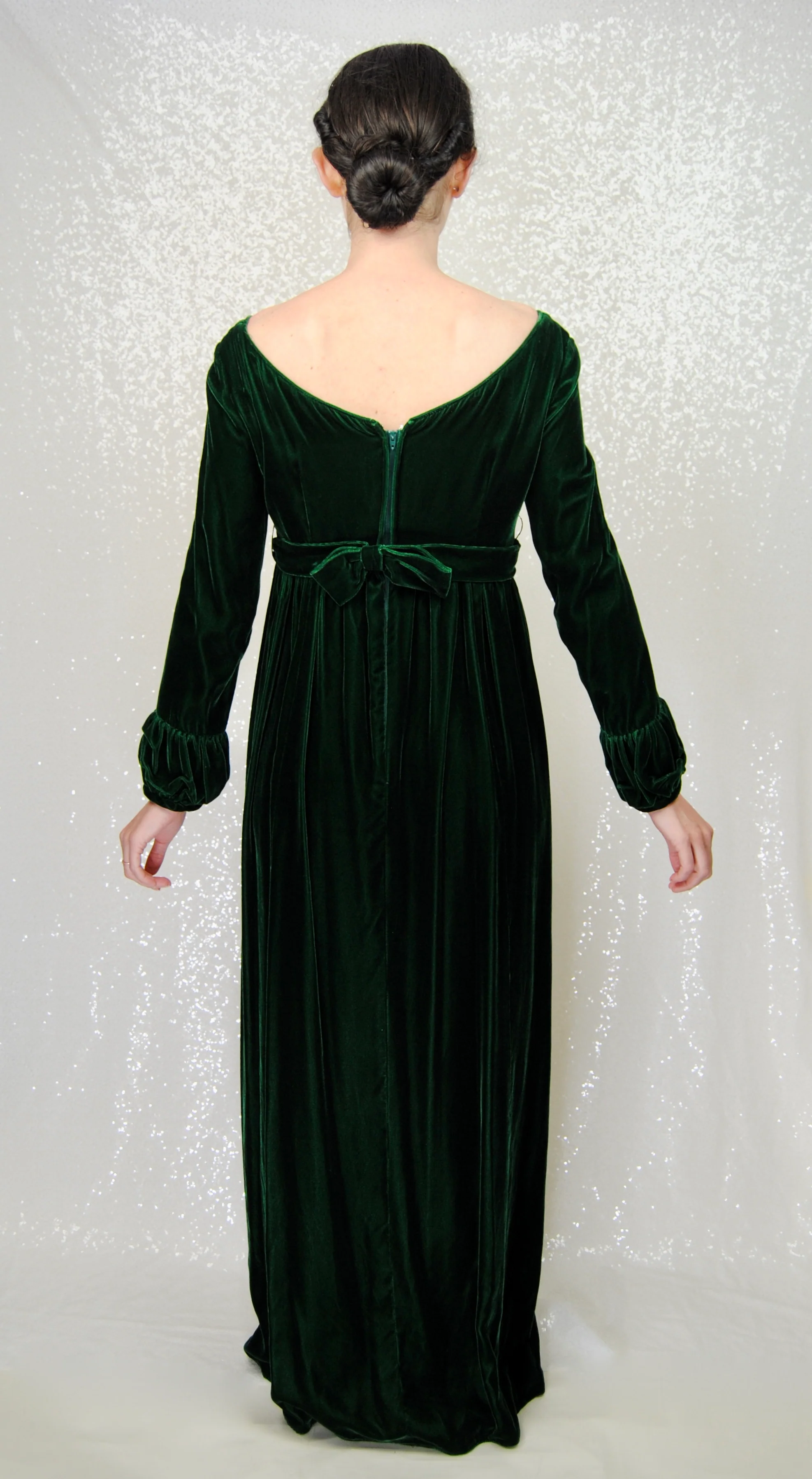 60s/70s Emerald Green Velvet Empire Waist Gown By Lorrie Deb - Image 10