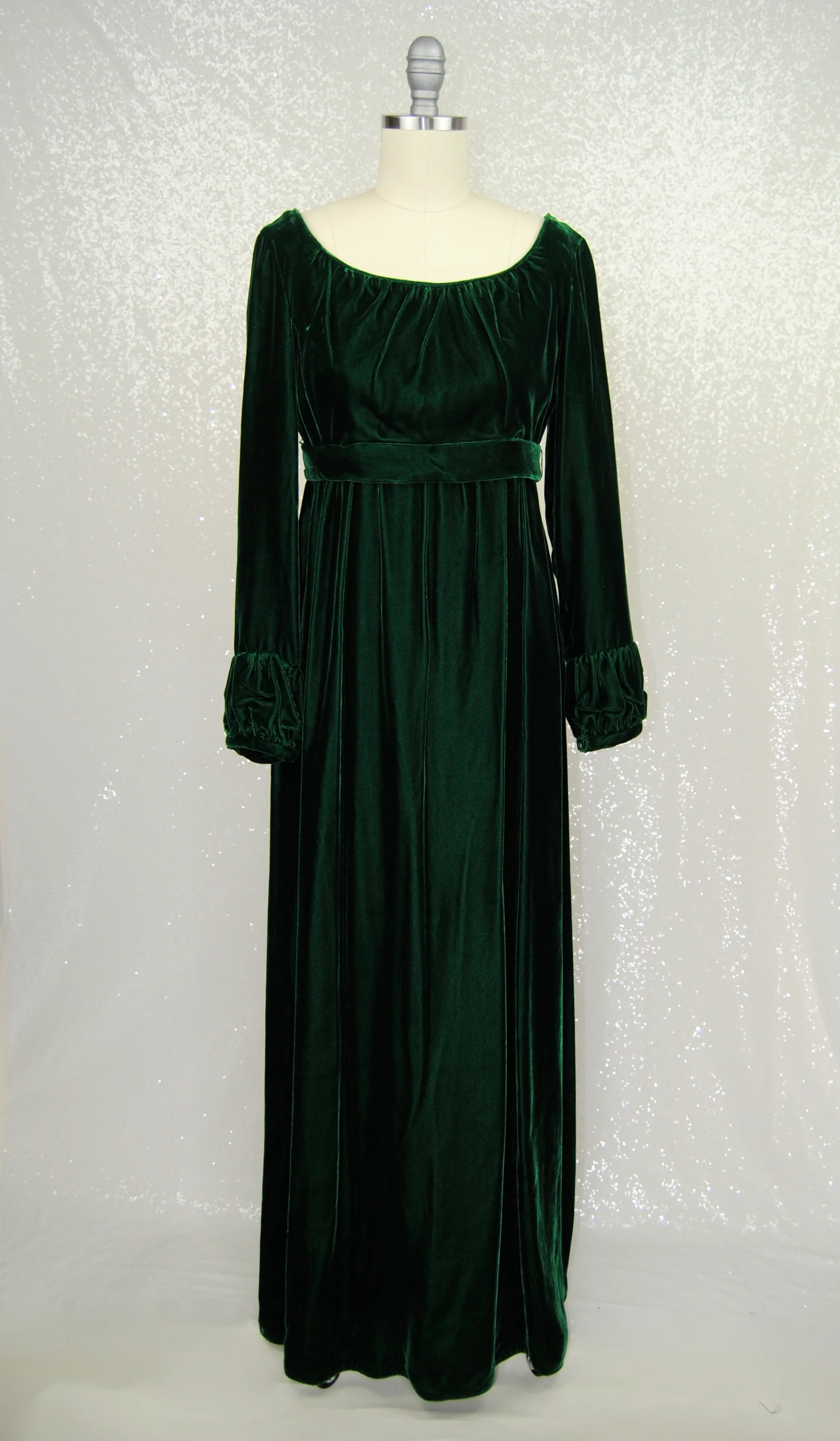 60s/70s Emerald Green Velvet Empire Waist Gown By Lorrie Deb - Image 11
