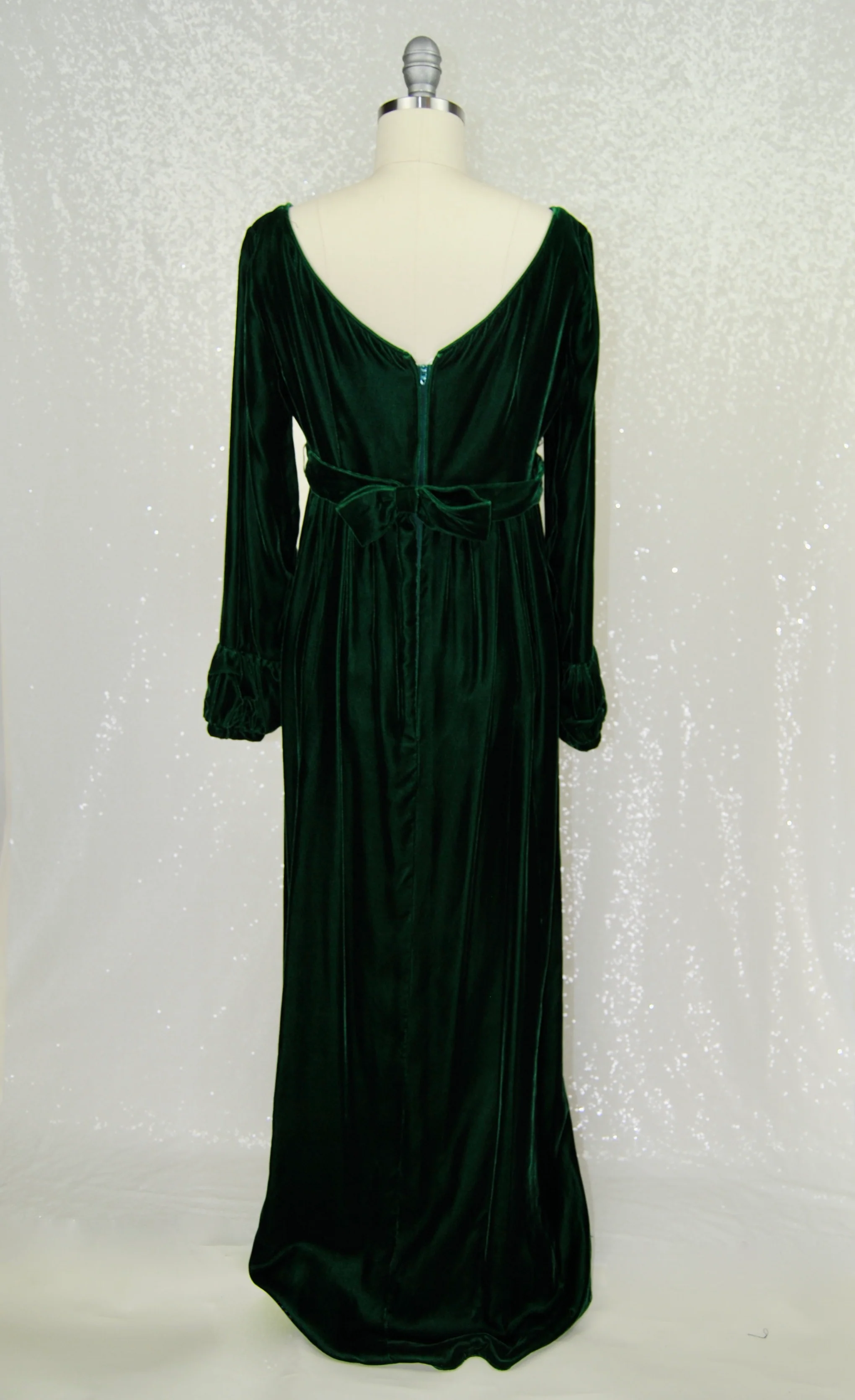 60s/70s Emerald Green Velvet Empire Waist Gown By Lorrie Deb - Image 15