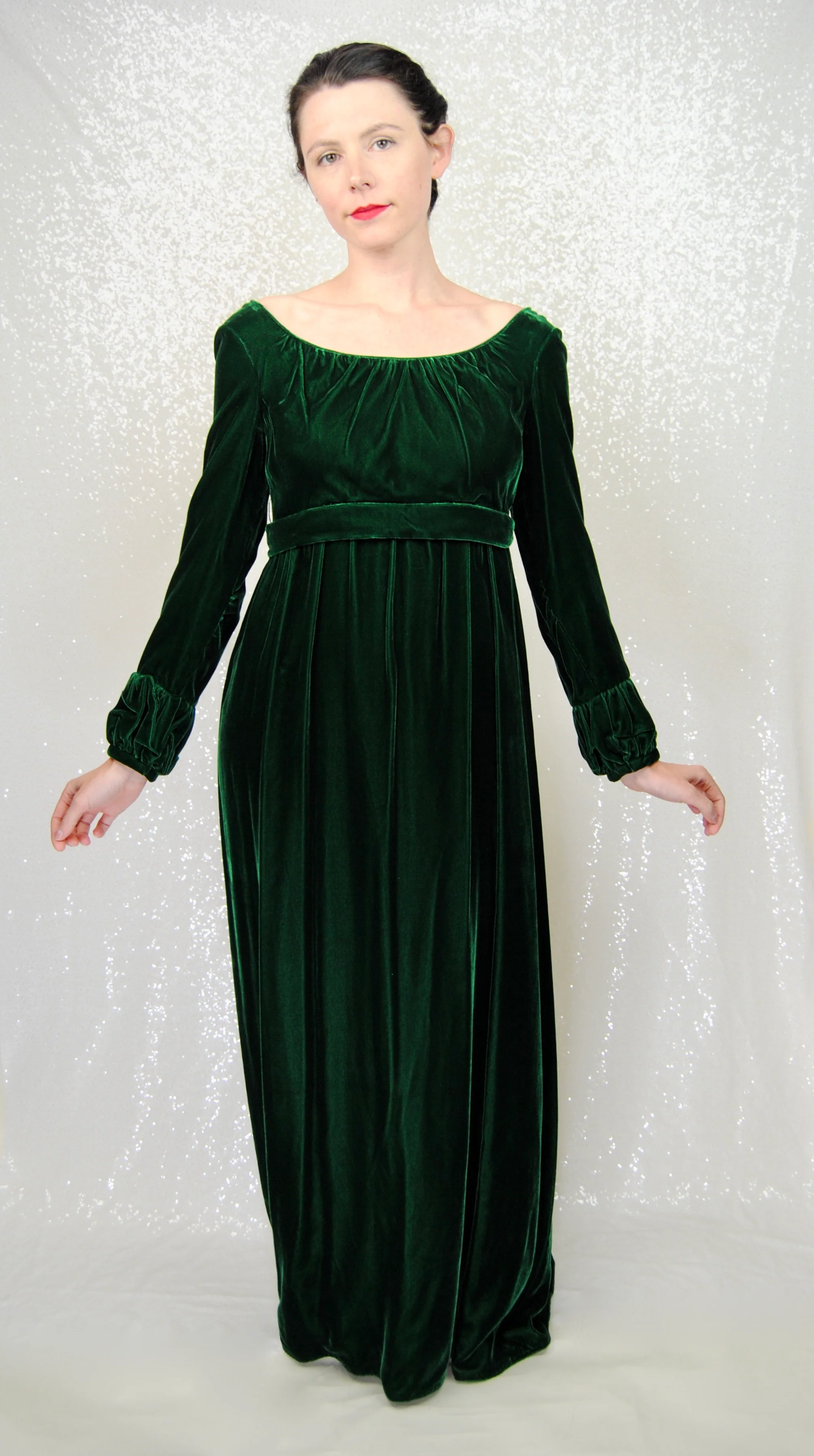 60s/70s Emerald Green Velvet Empire Waist Gown By Lorrie Deb - Image 6