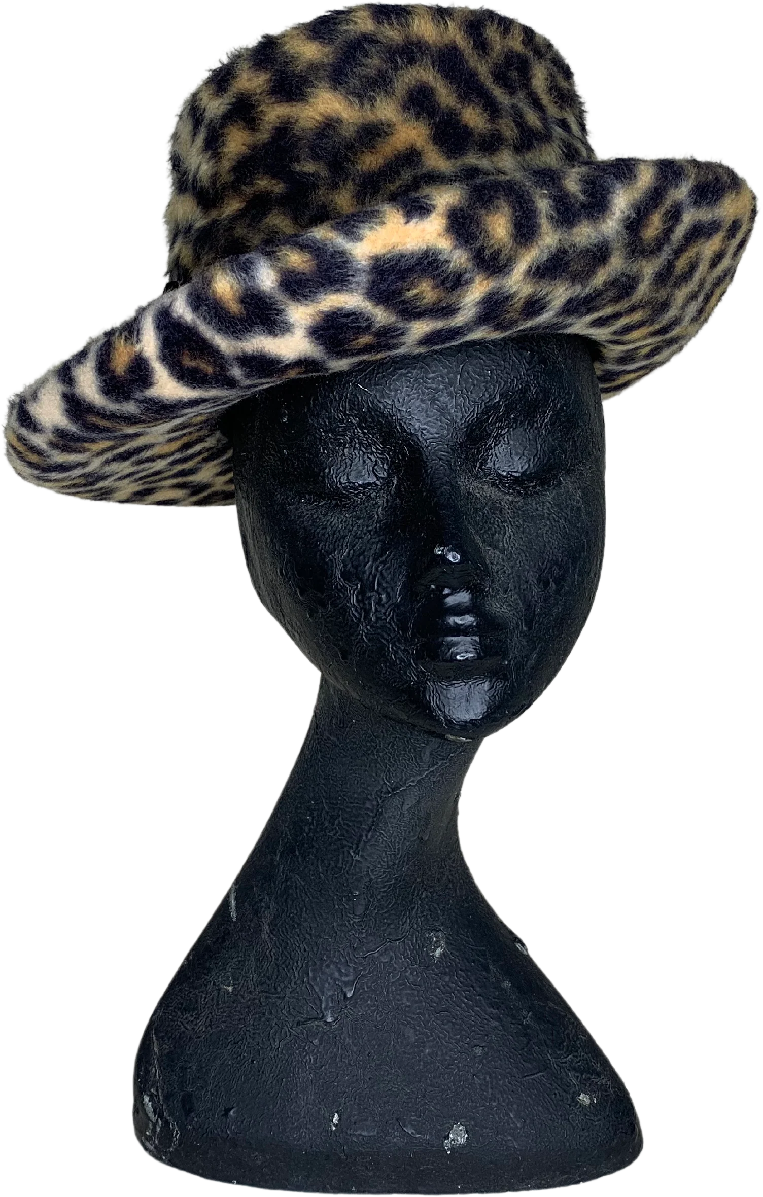 60s/70s Faux Fur Leopard Print Wide Brim Hat Velvet Bow