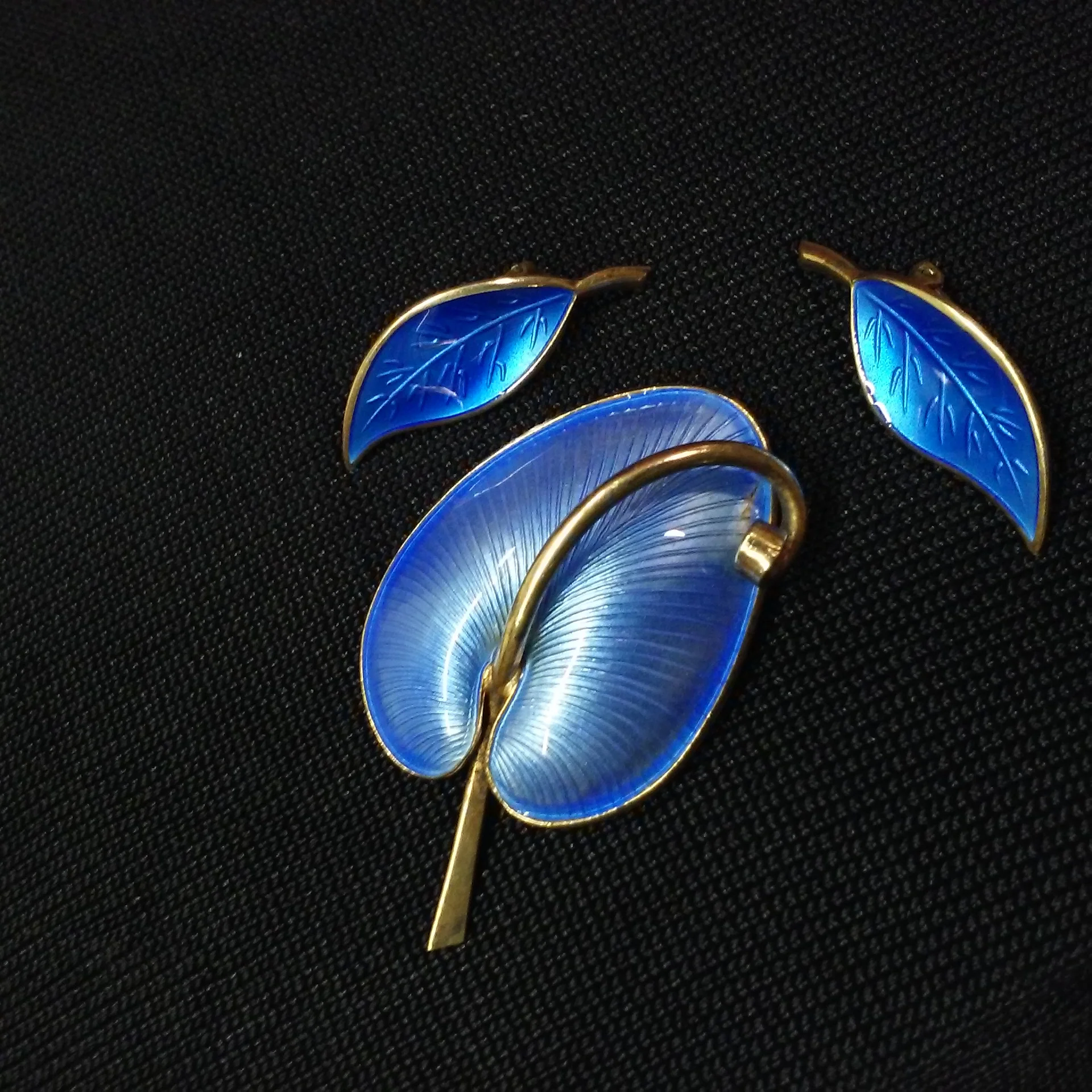 60s/70s Fine Sterling Silver 2-pc Set Blue Anthurium Leaf By Vb Volmer Bahner Denmark Sterling Norway D-A David Anderson - Image 3