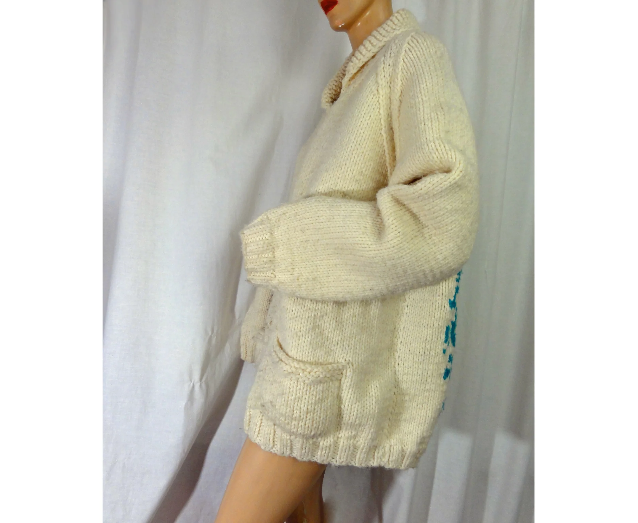 60s/70s Fishing Sweater Zipped Chunky Cardigan Off White - Image 5