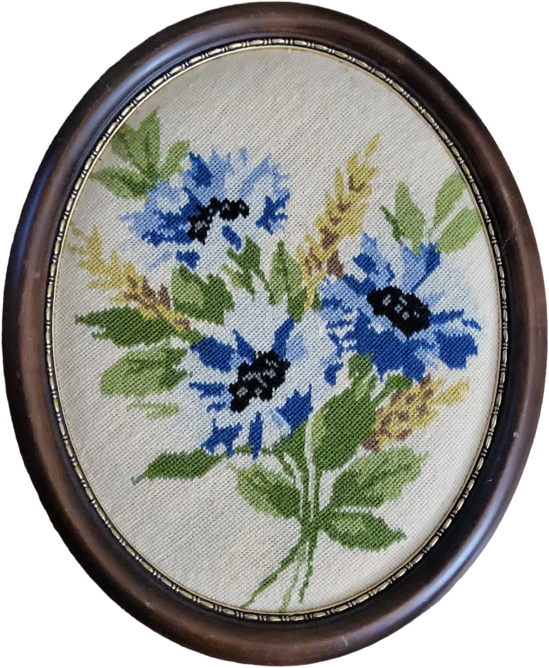 60s/70s Floral Needlepoint Wooden Oval Framed Art