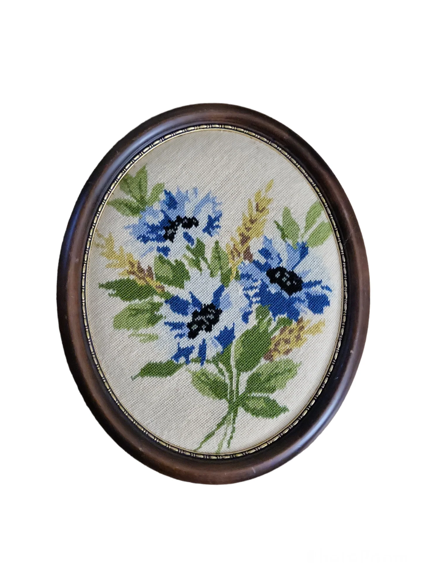 60s/70s Floral Needlepoint Wooden Oval Framed Art - Image 5