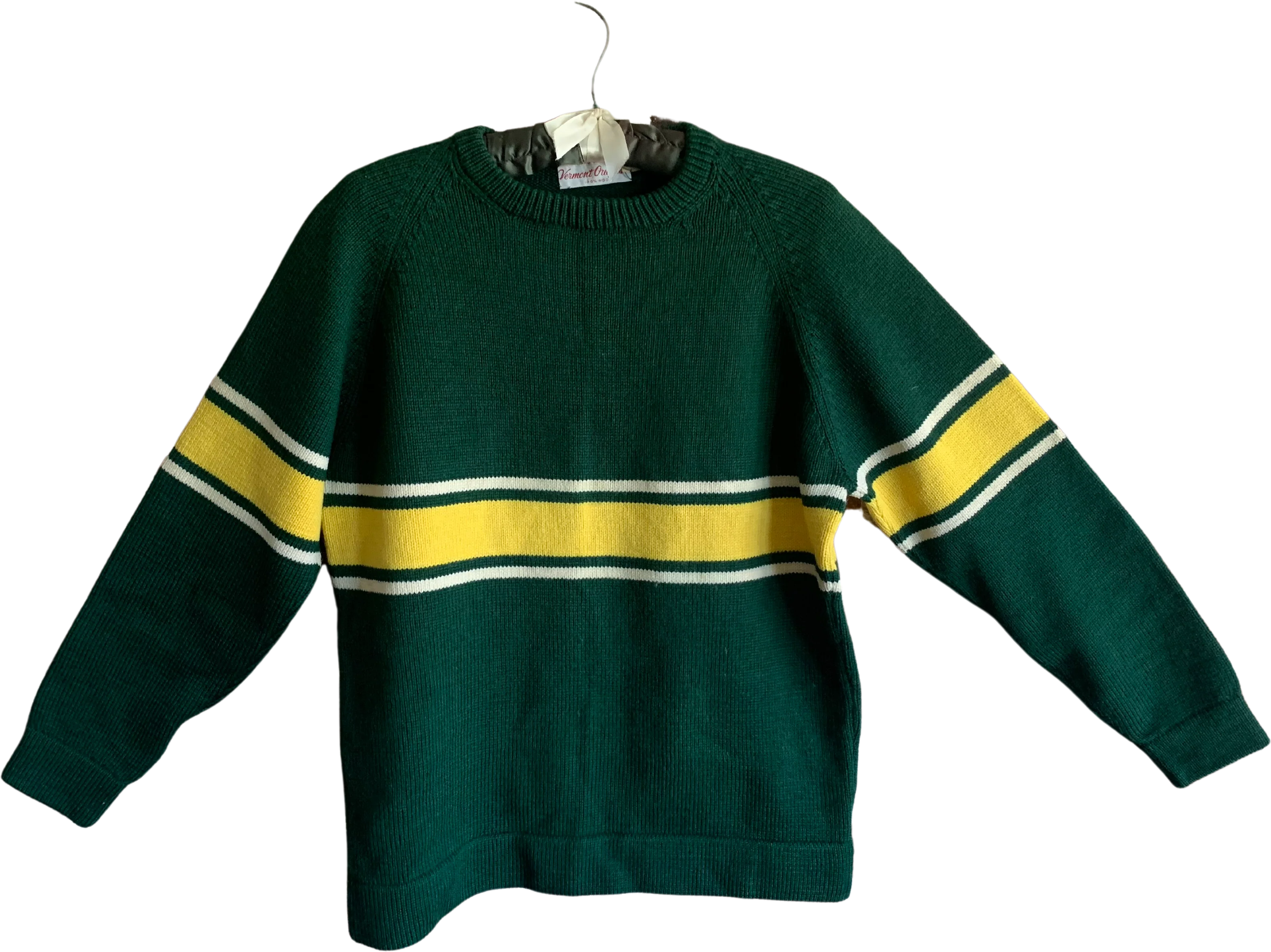 60s/70s Gender Neutral Green Yellow Wool Crewneck Sweater By Vermont Originals