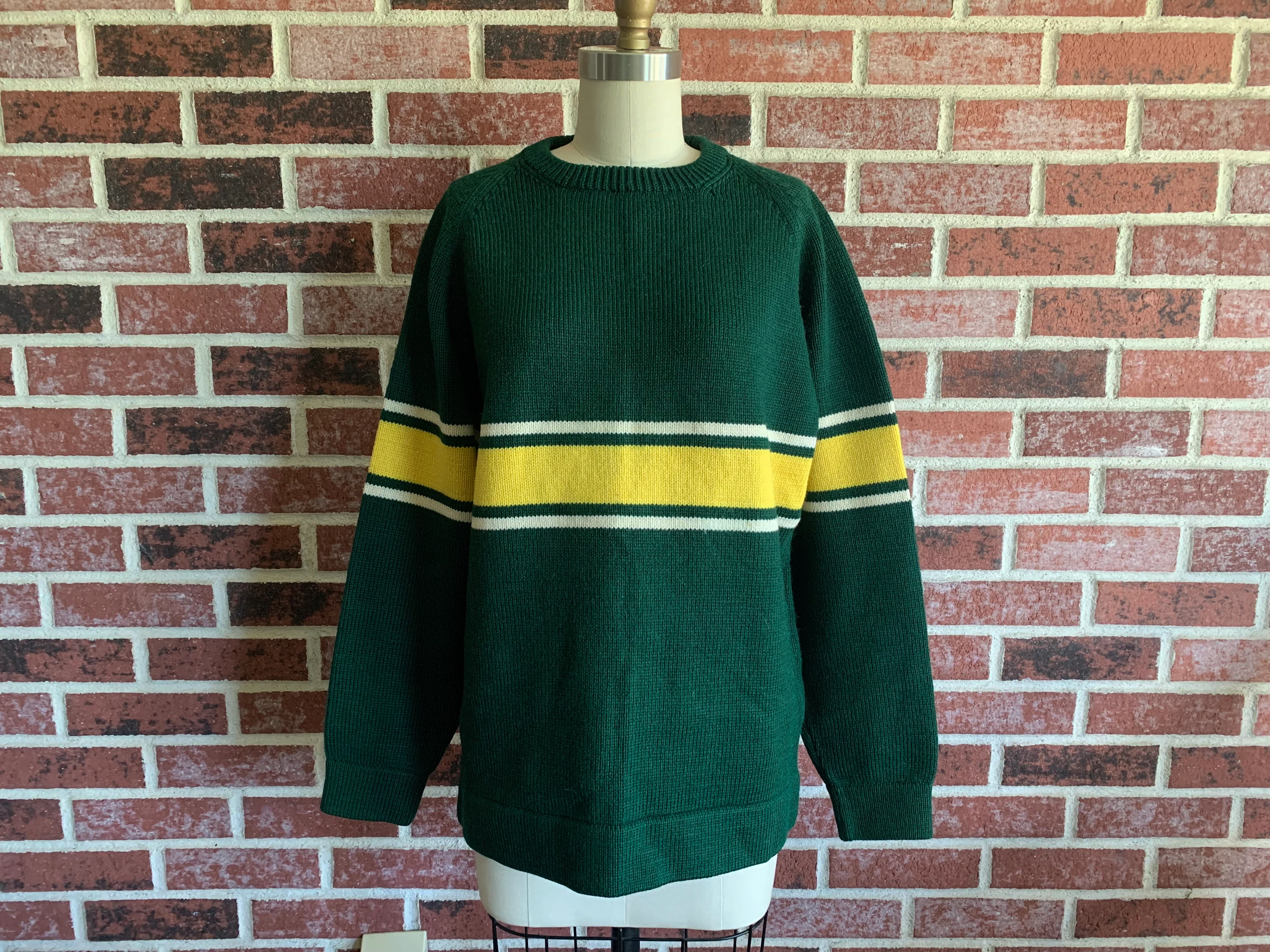 60s/70s Gender Neutral Green Yellow Wool Crewneck Sweater By Vermont Originals - Image 3