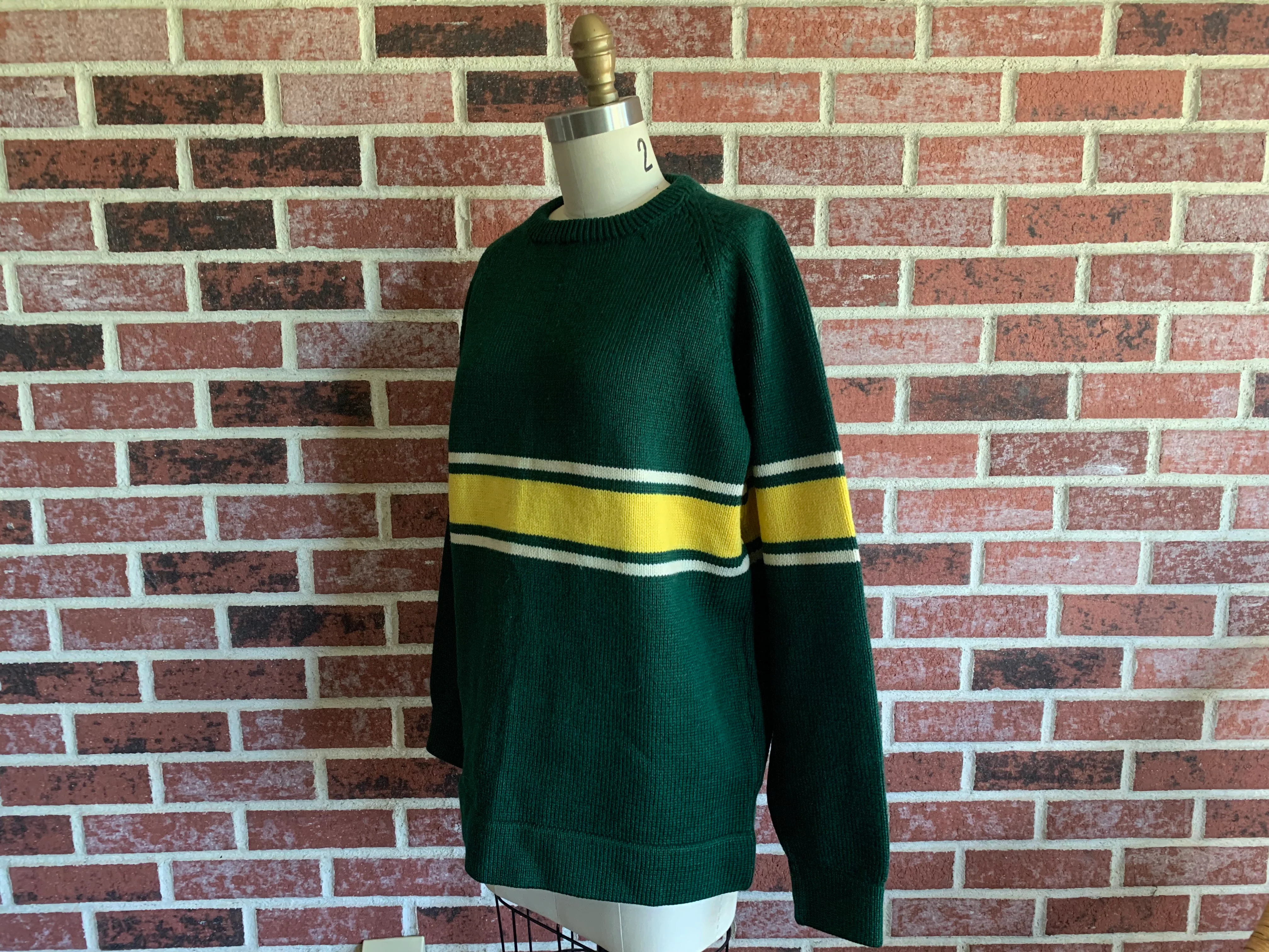 60s/70s Gender Neutral Green Yellow Wool Crewneck Sweater By Vermont Originals - Image 4
