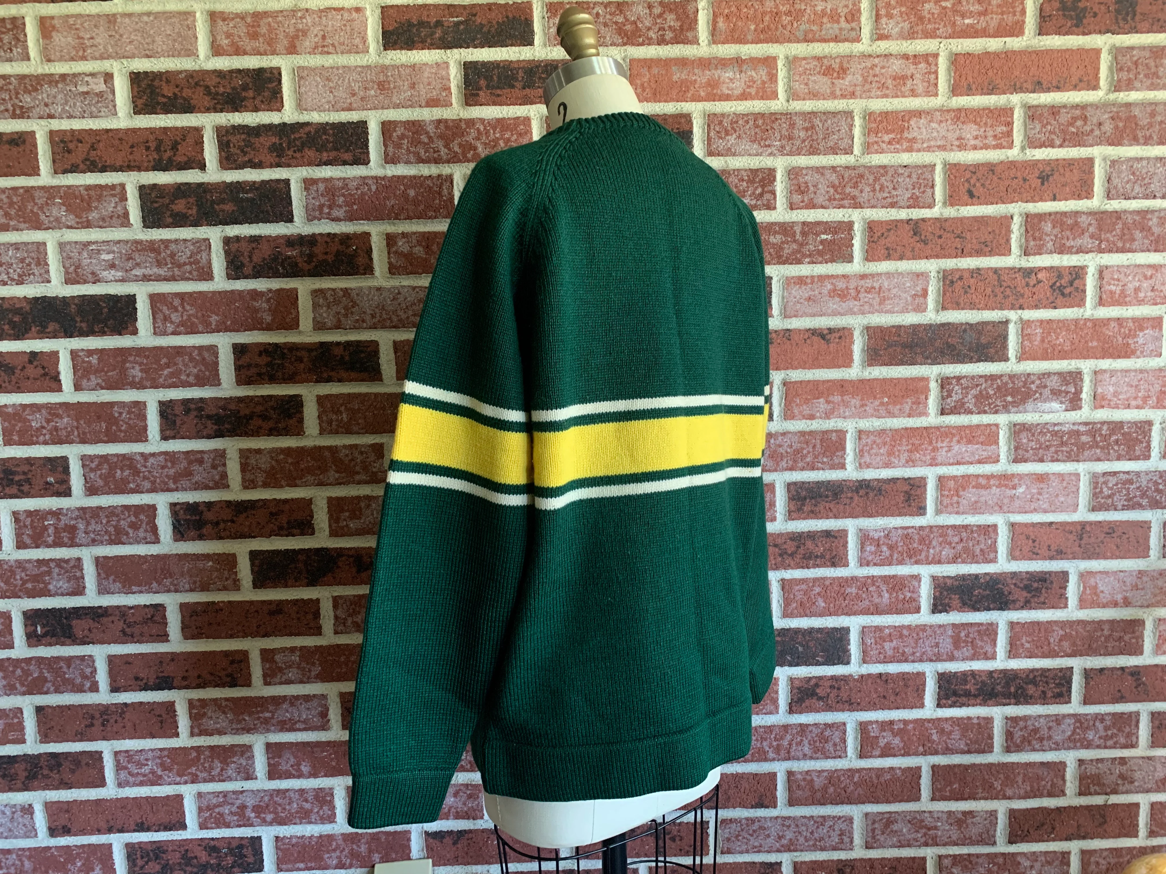 60s/70s Gender Neutral Green Yellow Wool Crewneck Sweater By Vermont Originals - Image 6