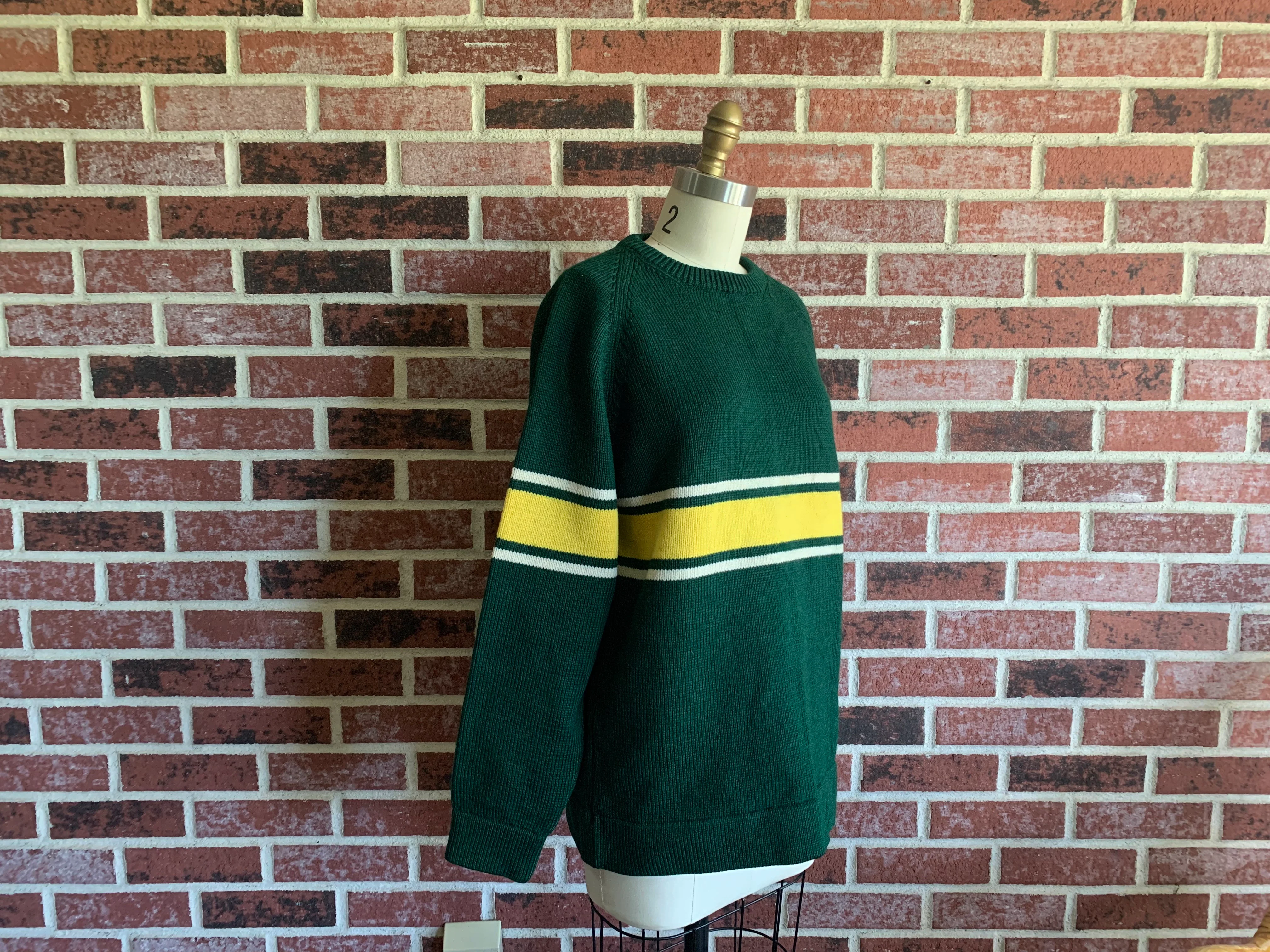 60s/70s Gender Neutral Green Yellow Wool Crewneck Sweater By Vermont Originals - Image 9