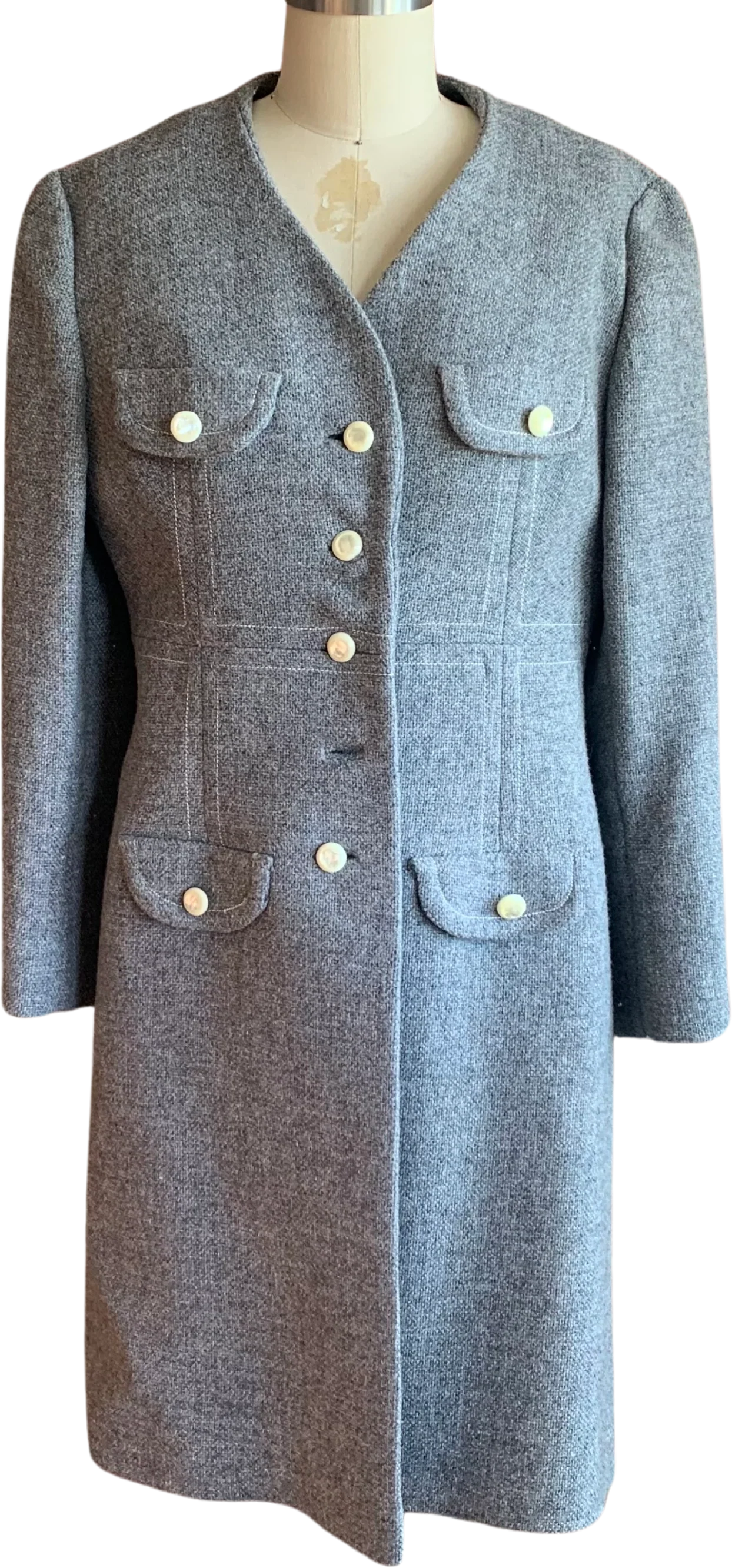 60s/70s Gray Wool Knee Length Collarless Coat By Peabody House