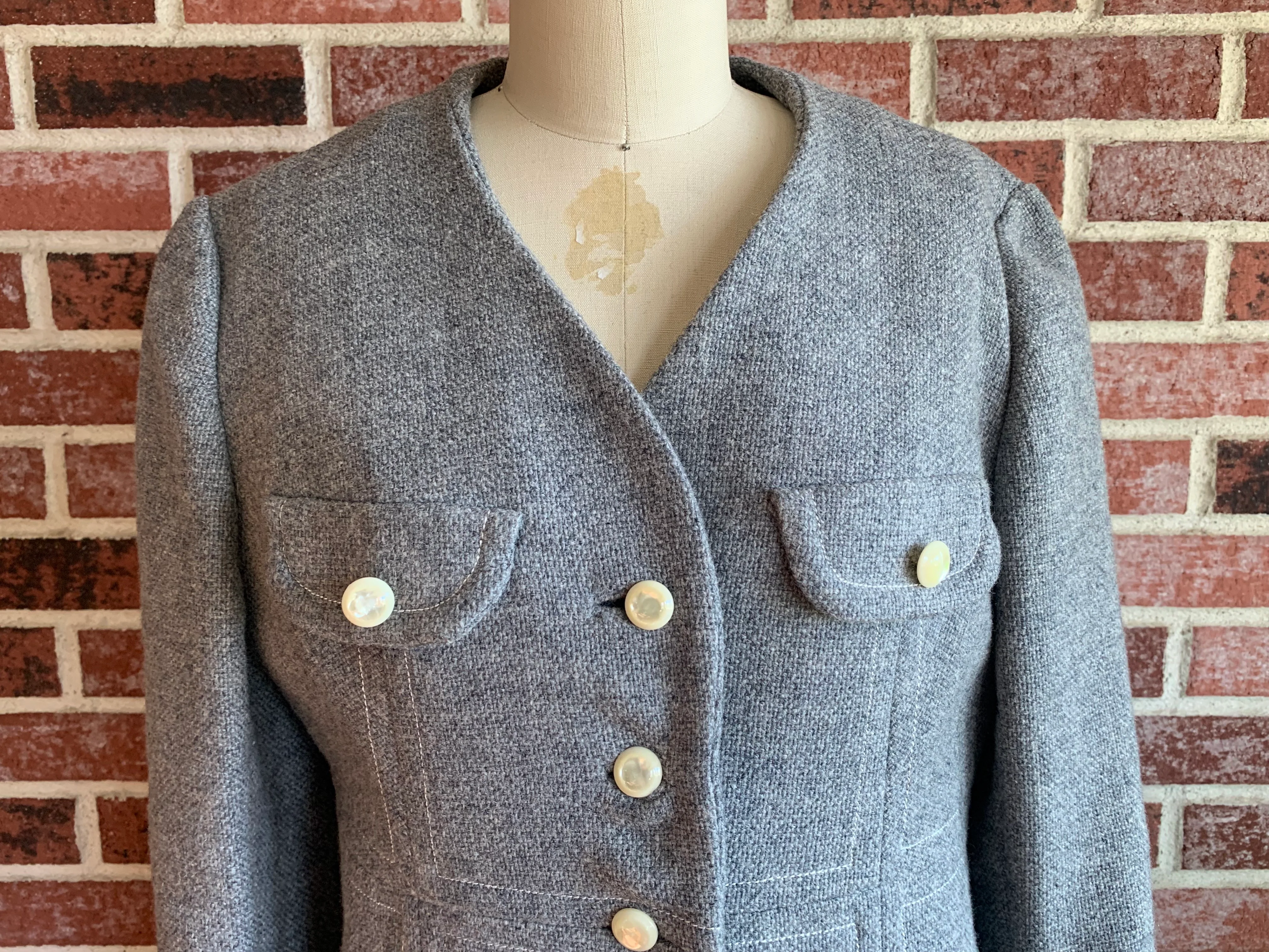 60s/70s Gray Wool Knee Length Collarless Coat By Peabody House - Image 3