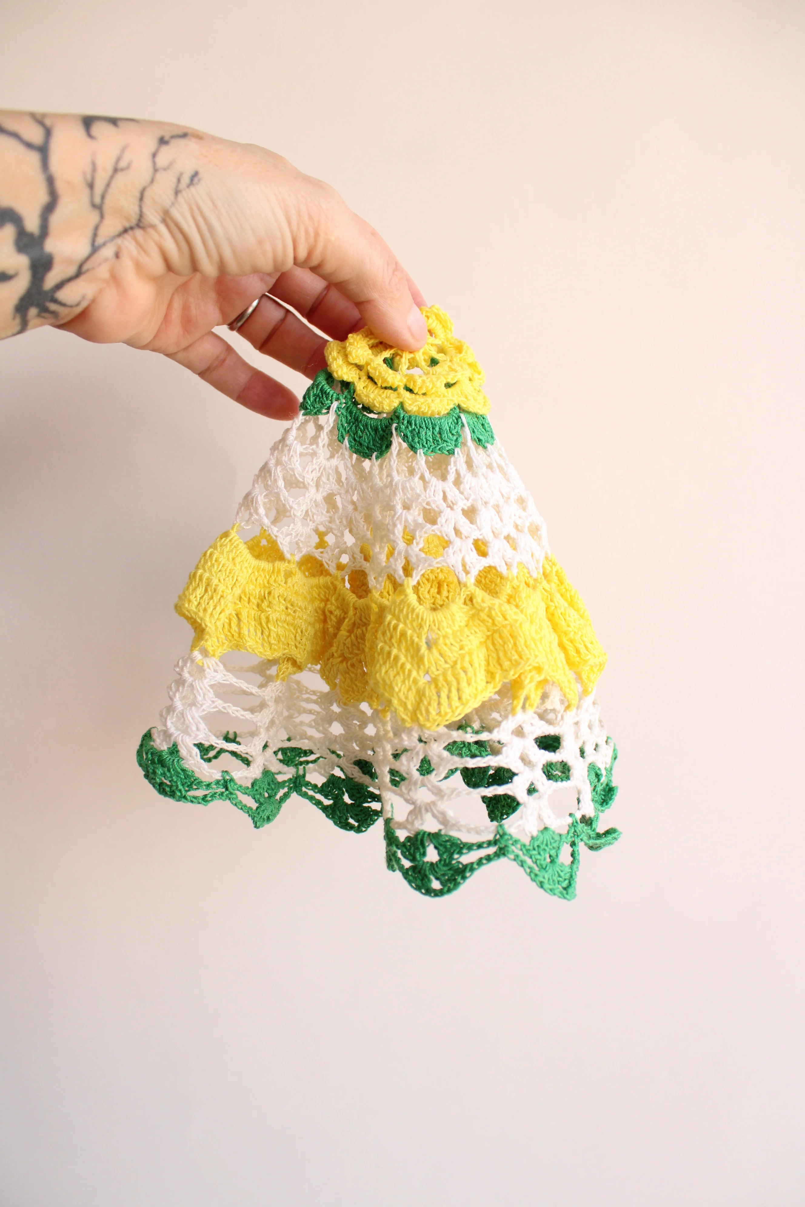 60s/70s Green And Yellow Round Crochet Doily - Image 9