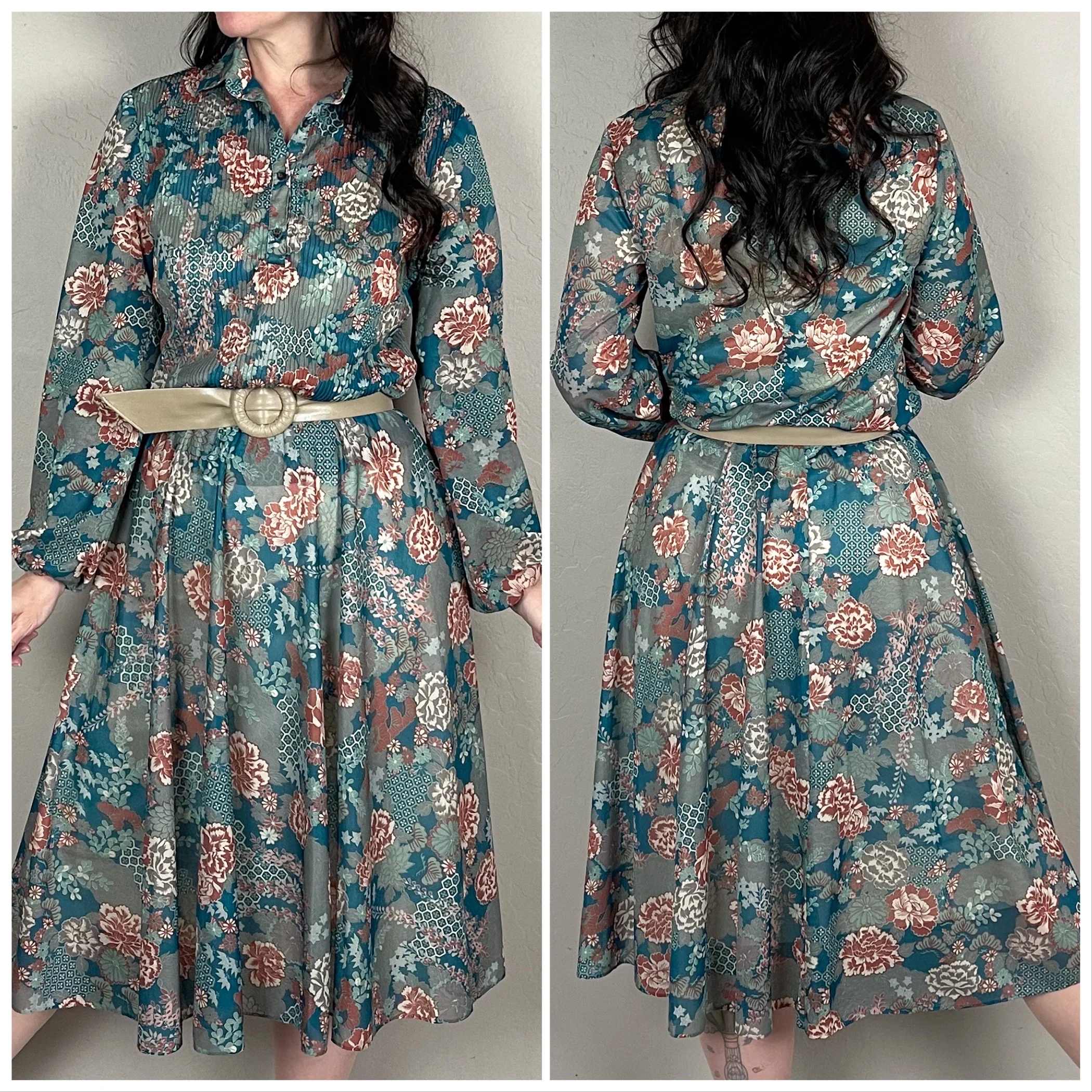 60s/70s Green Floral Two Piece Top And Skirt Set - Image 4